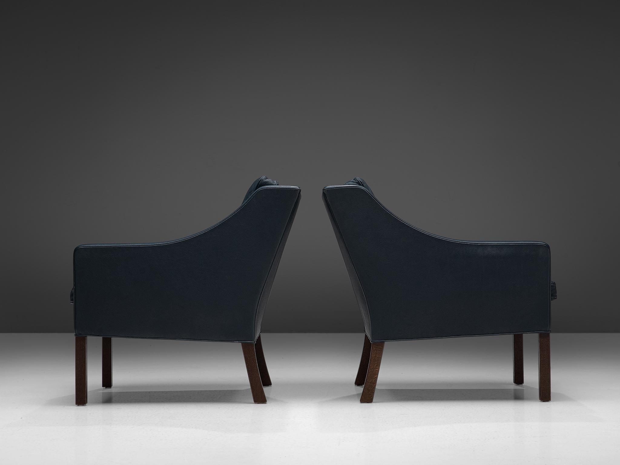 Stained Børge Mogensen Pair of Lounge Chairs in Navy Leather