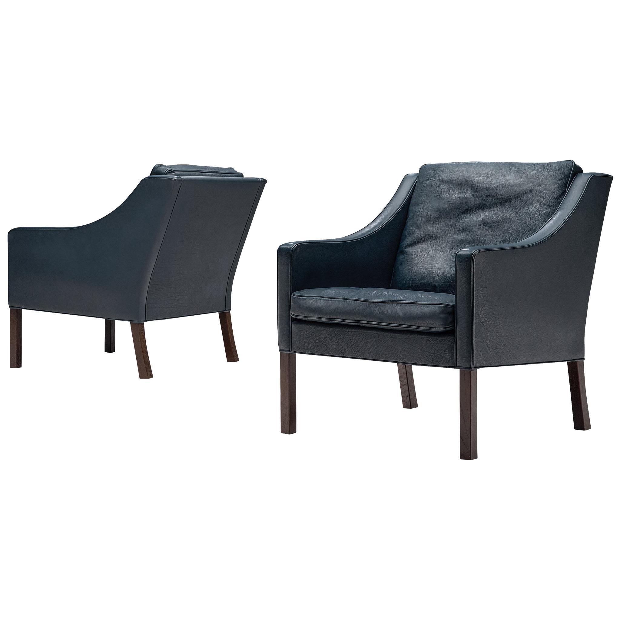 Børge Mogensen Pair of Lounge Chairs in Navy Leather