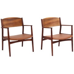 Vintage Børge Mogensen Pair of Lounge Chairs, Model 147, Teak and Leather, Søborg Møbler