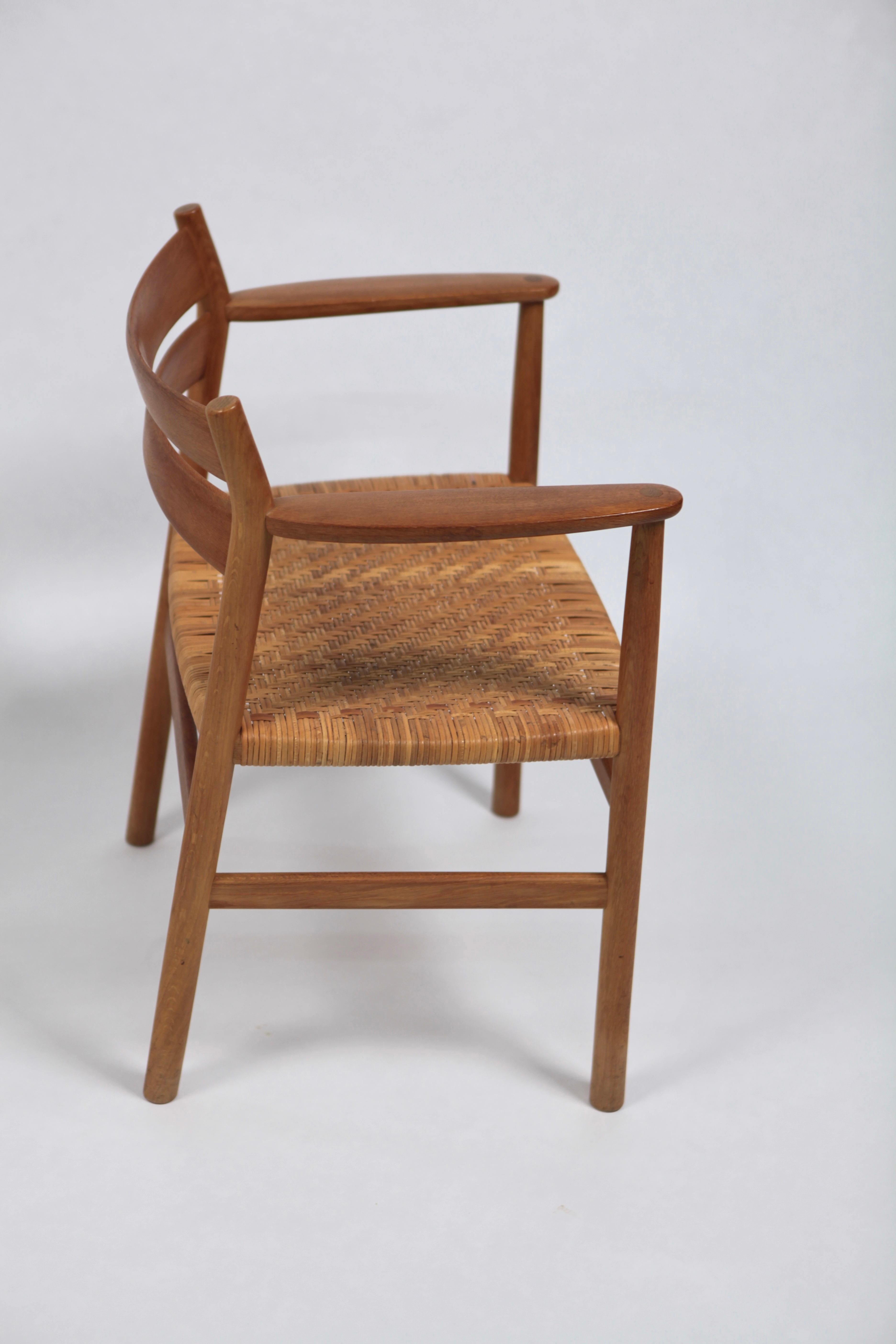 Mid-20th Century Børge Mogensen, Pair of Rare 'BM1' Armchairs in Oak and Cane, Sweden, 1960s For Sale