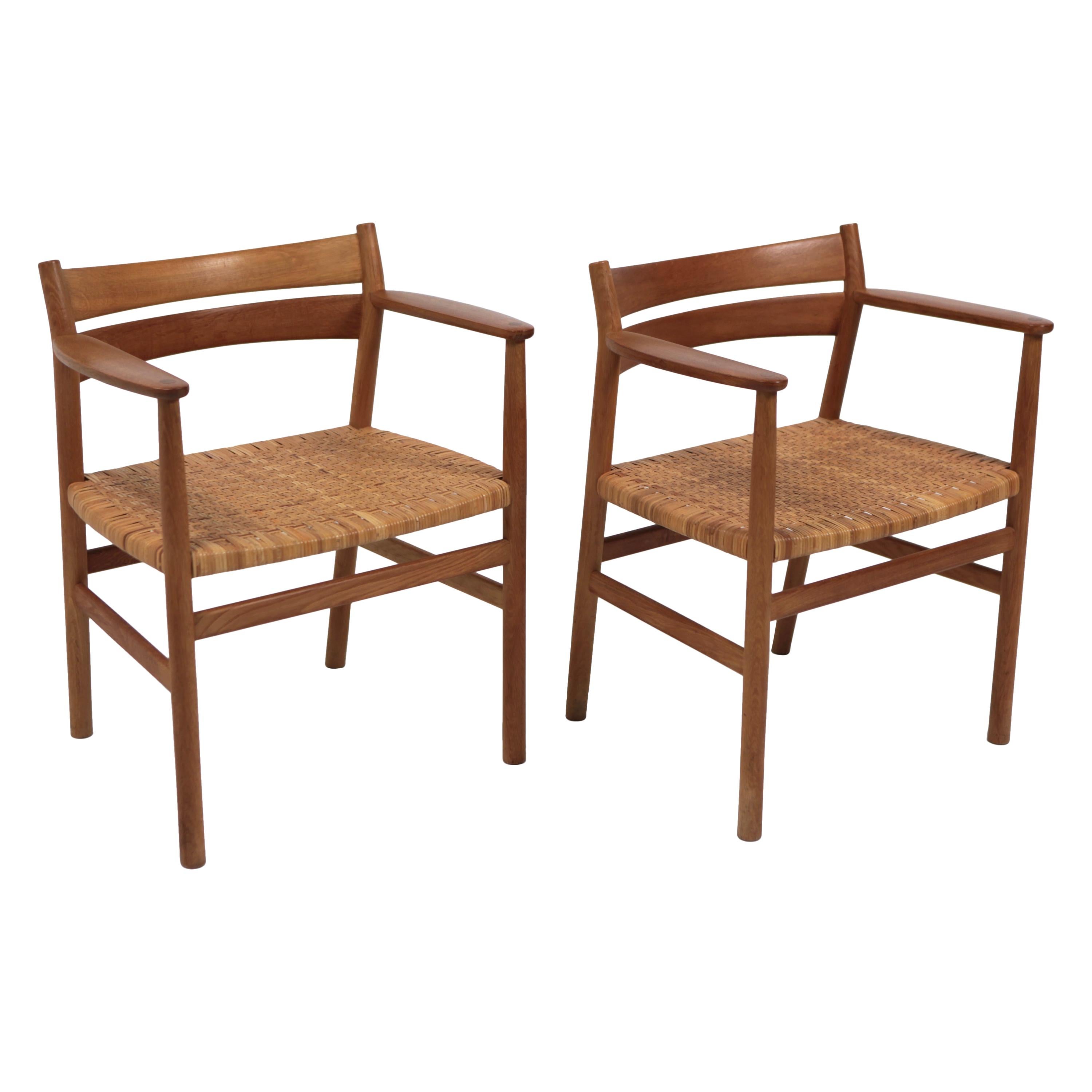 Børge Mogensen, Pair of Rare 'BM1' Armchairs in Oak and Cane, Sweden, 1960s For Sale