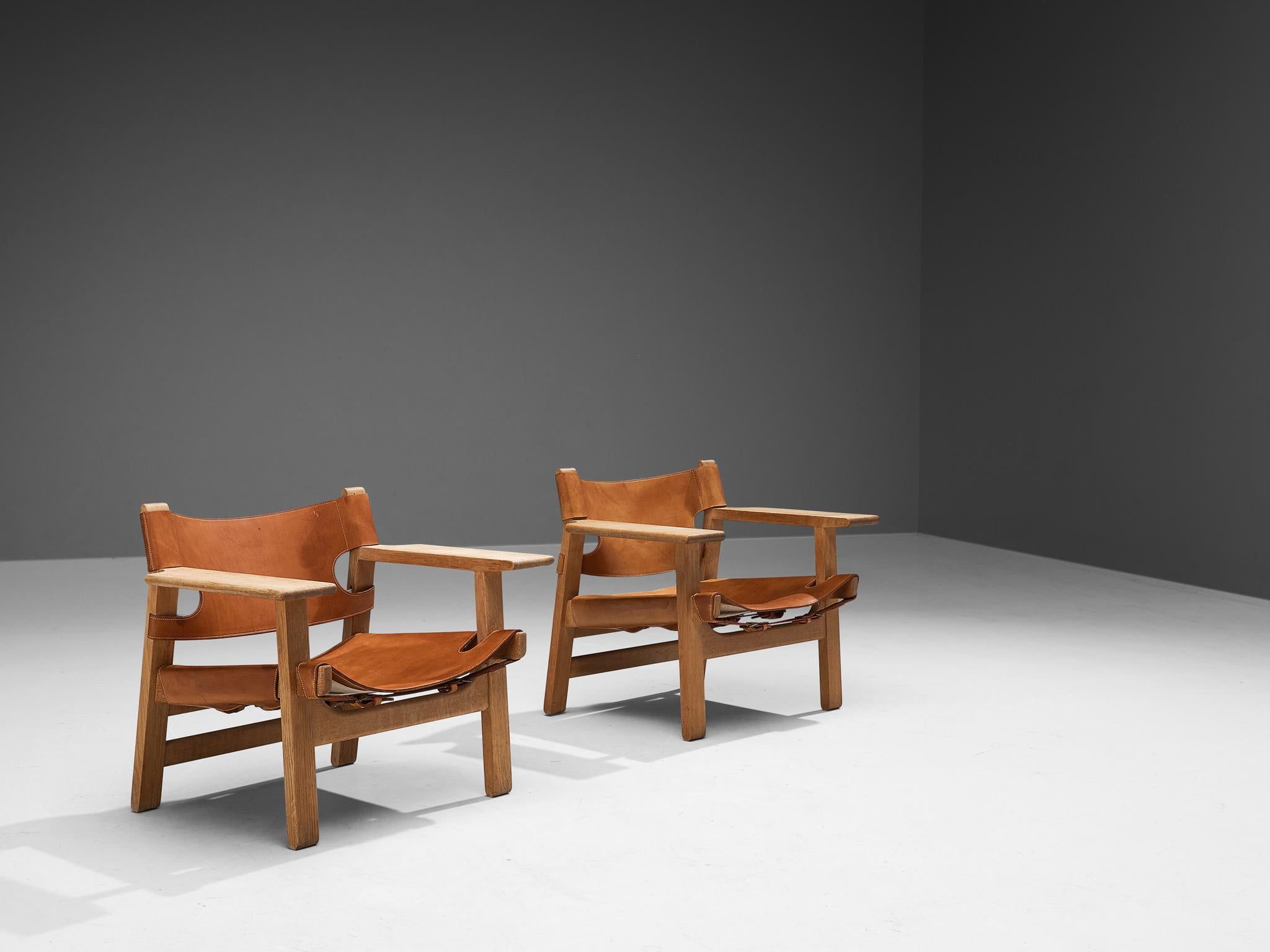 Danish Børge Mogensen Pair of 'Spanish Chairs in Oak and Cognac Leather