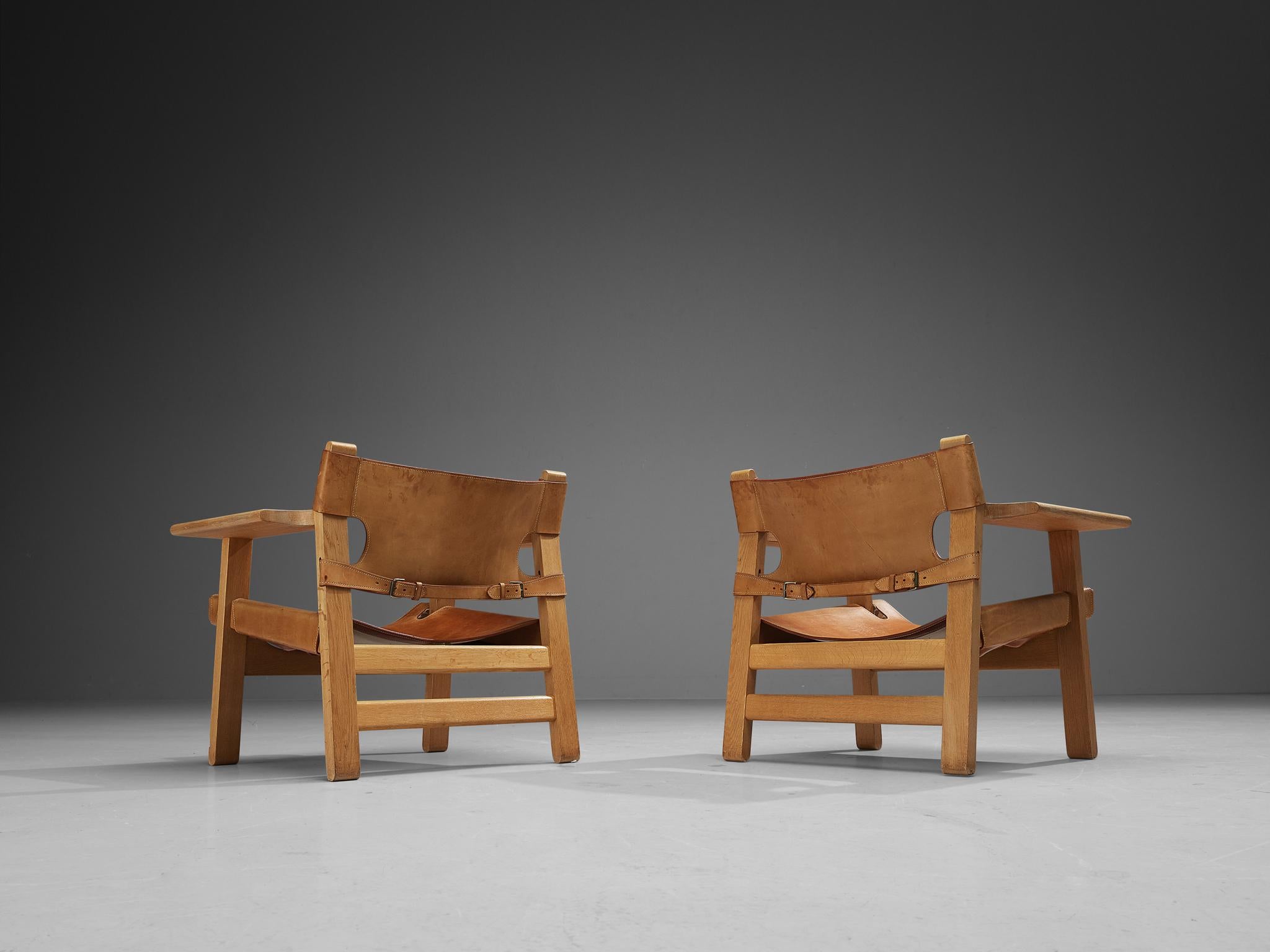 Danish Børge Mogensen Pair of 'Spanish Chairs' in Oak and Cognac Leather