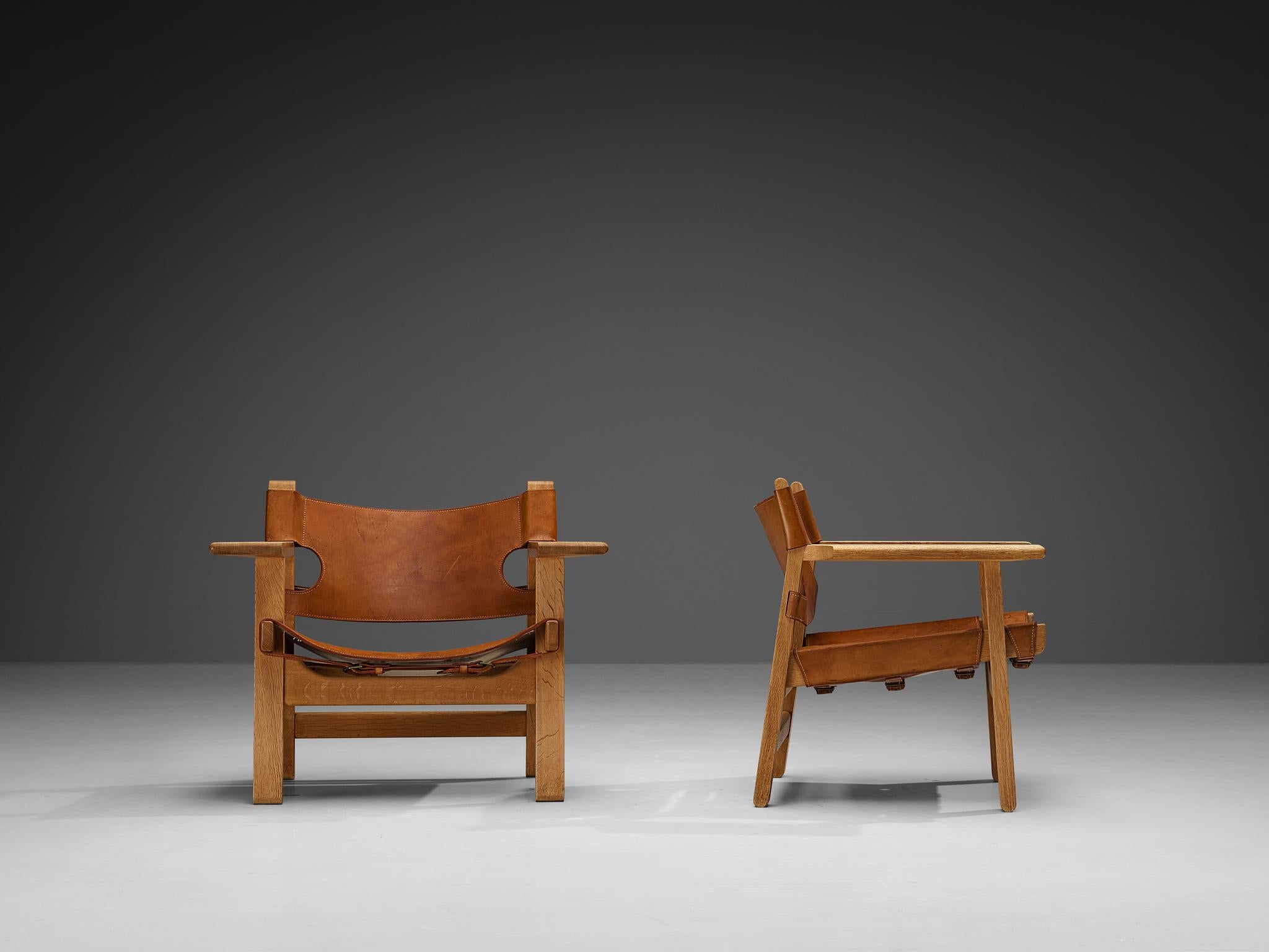 Danish Børge Mogensen Pair of 'Spanish Chairs' in Oak and Cognac Leather