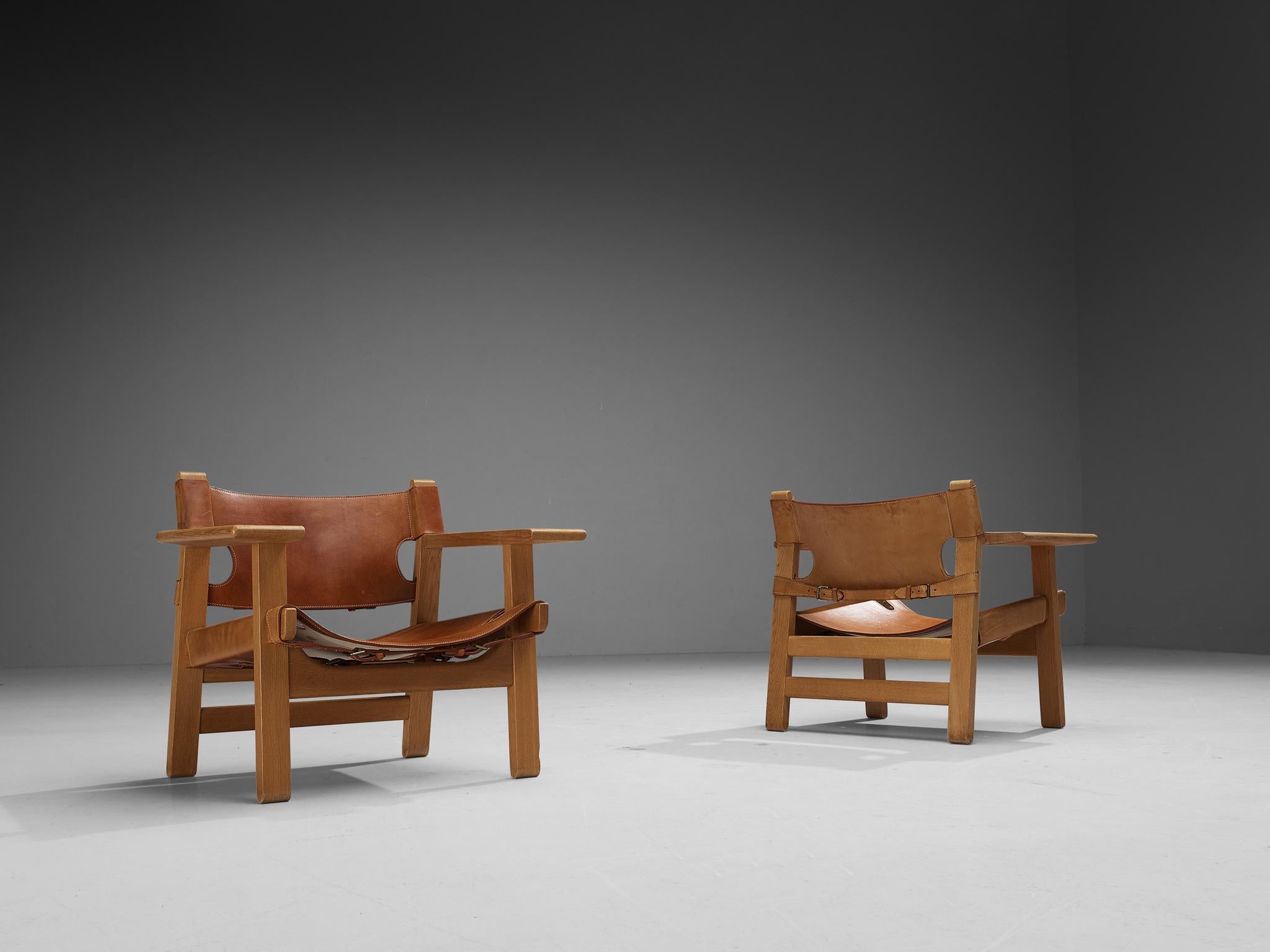 Mid-20th Century Børge Mogensen Pair of 'Spanish Chairs' in Oak and Cognac Leather