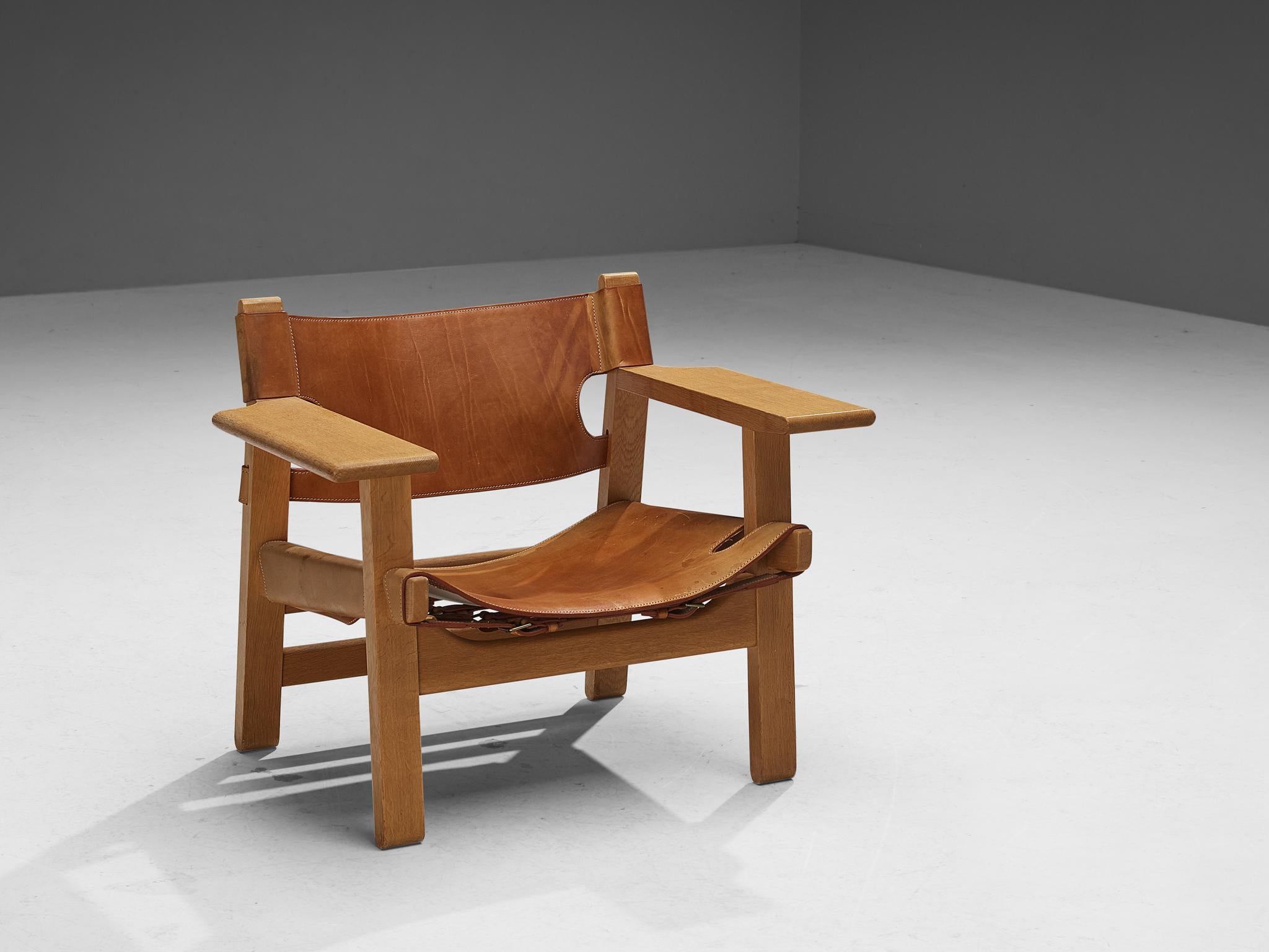 Brass Børge Mogensen Pair of 'Spanish Chairs' in Oak and Cognac Leather