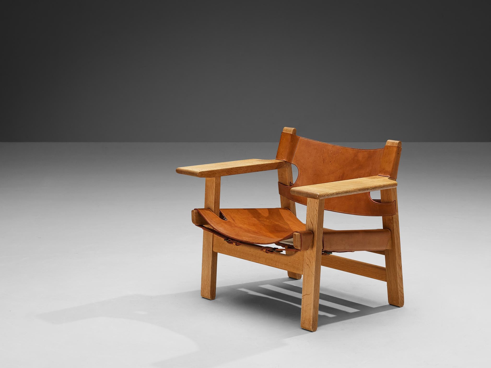 Brass Børge Mogensen Pair of 'Spanish Chairs' in Oak and Cognac Leather