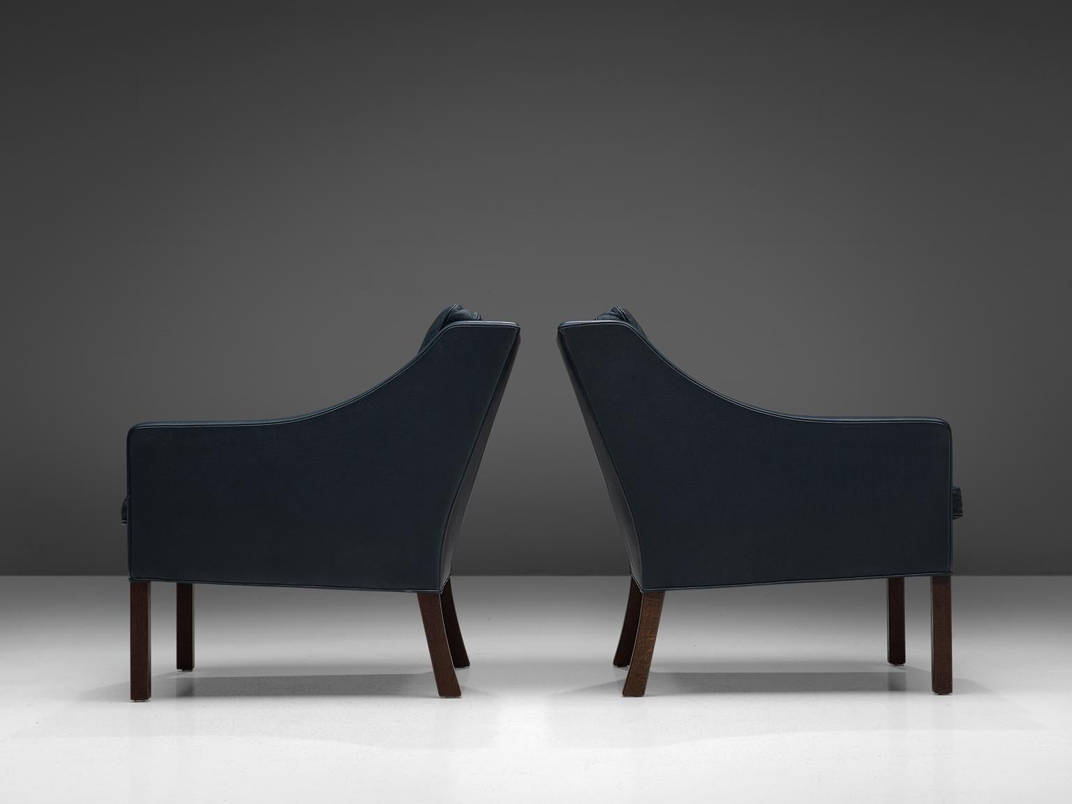 Danish Børge Mogensen Pair of Two Lounge Chairs in Navy Leather