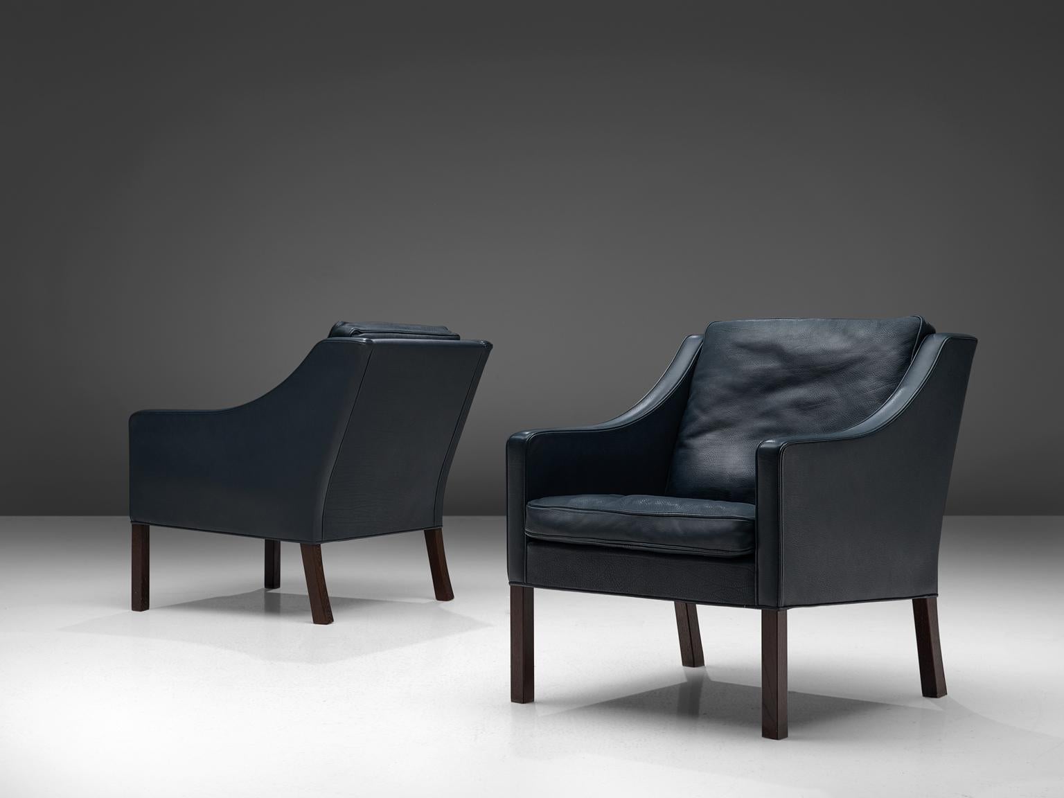 Stained Børge Mogensen Pair of Two Lounge Chairs in Navy Leather