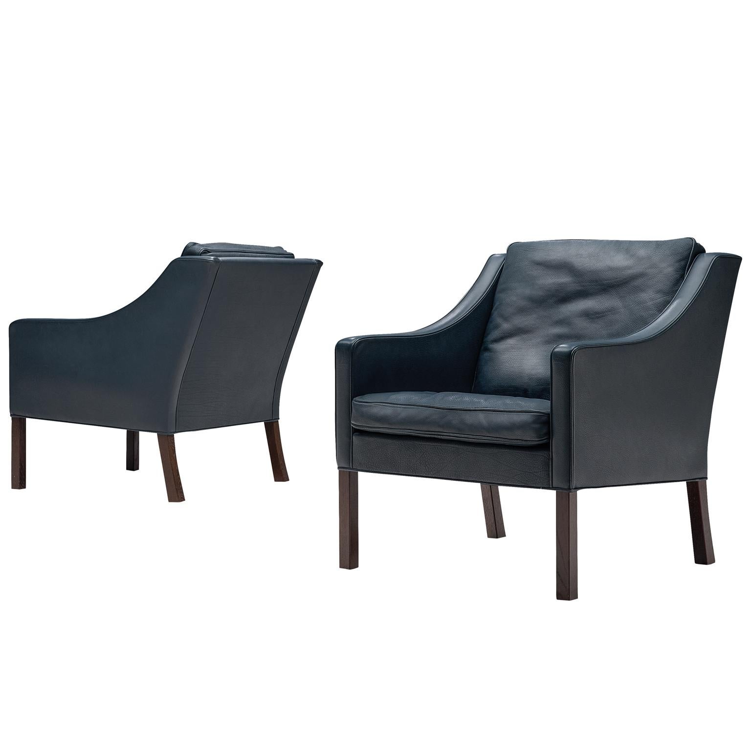 Børge Mogensen Pair of Two Lounge Chairs in Navy Leather