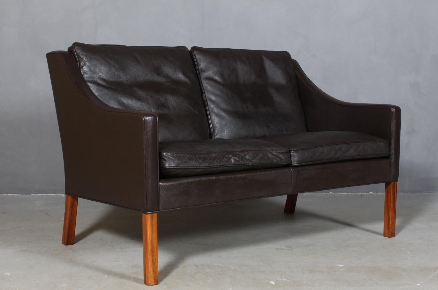 Danish Børge Mogensen Pair of Two-Seat Sofa, Model 2208, Original Dark Brown Leather