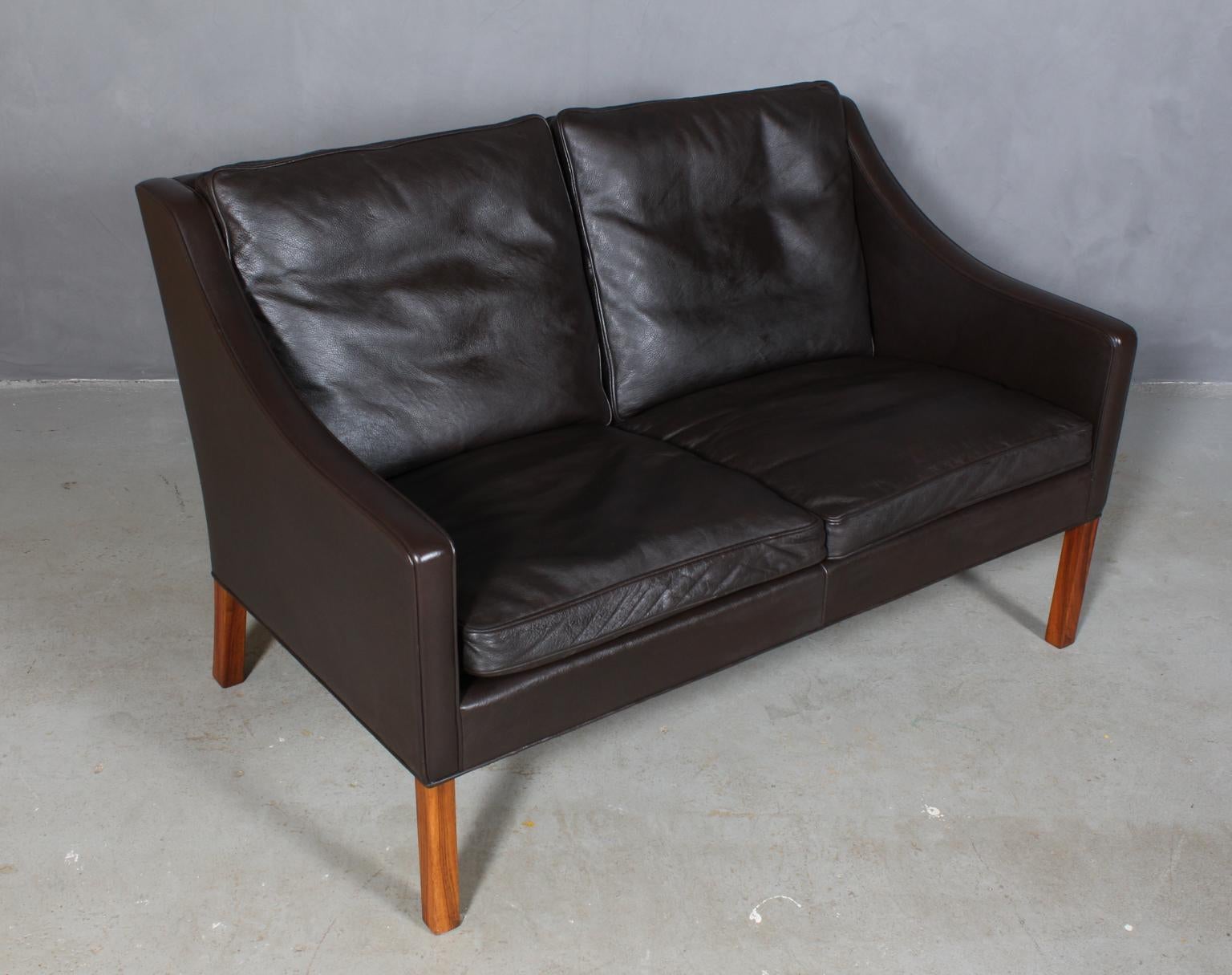 Børge Mogensen Pair of Two-Seat Sofa, Model 2208, Original Dark Brown Leather In Good Condition In Esbjerg, DK