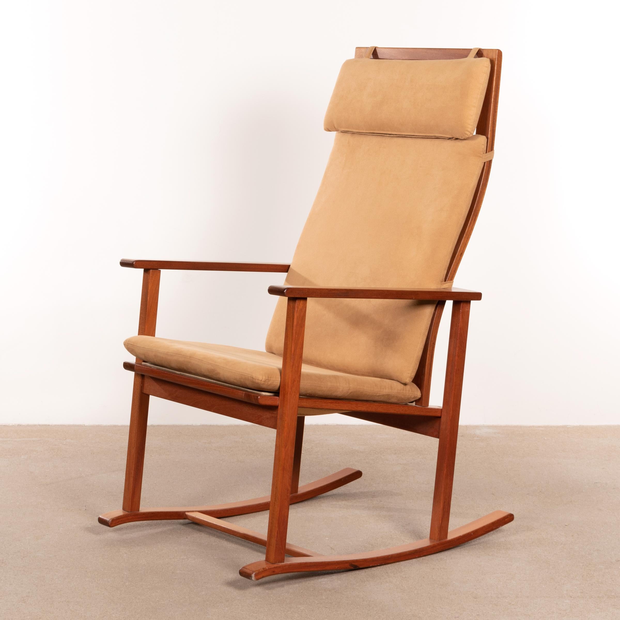 Elegant rocking chair (Model 2268) designed by Børge Mogensen for Fredericia Stølefabrik, Denmark. Solid teak wooden frame with loose cushions in Alcantara upholstery. All in very good condition with slight traces of use. Signed by manufacturer.