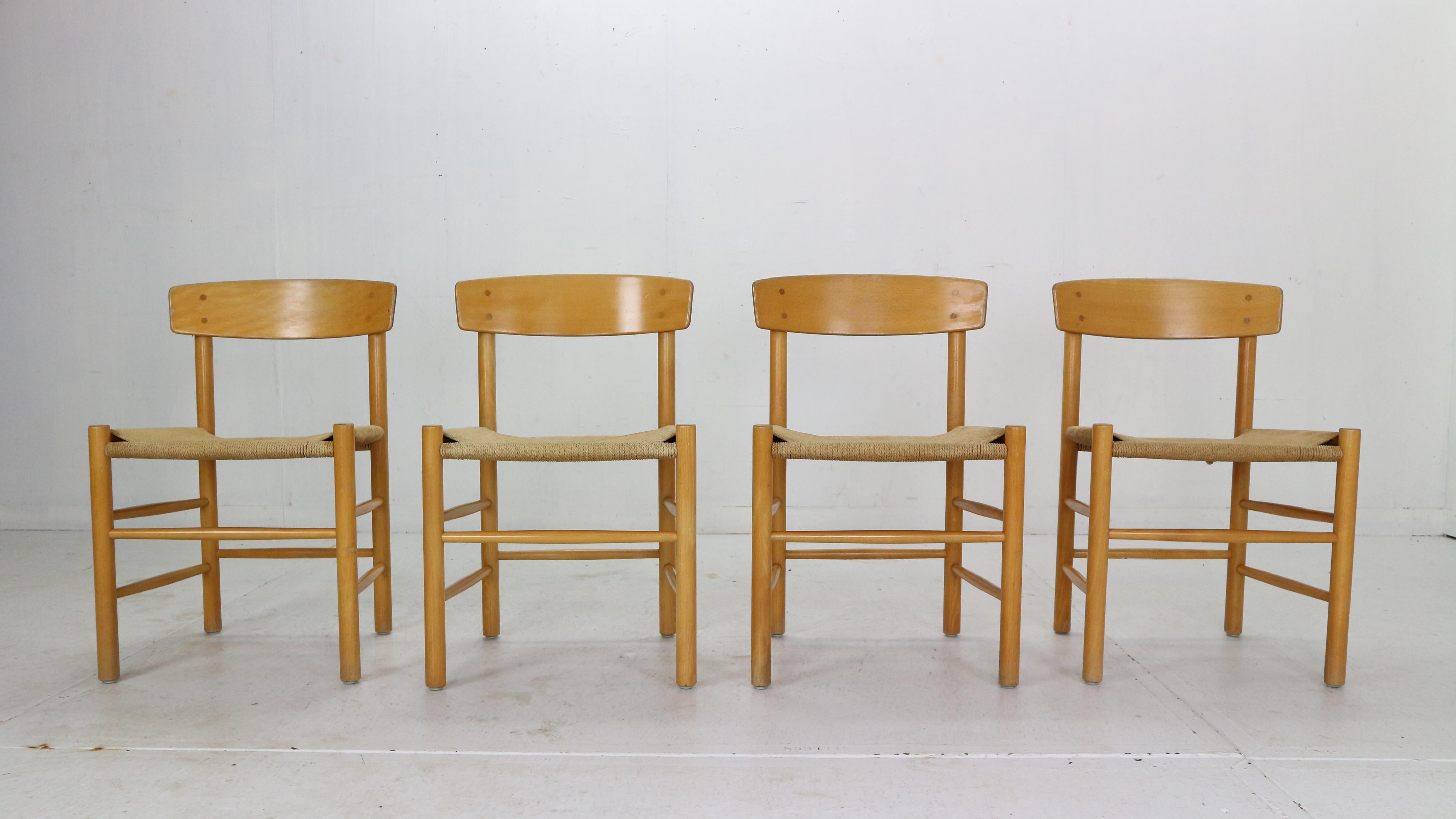 Scandinavian Modern period set of 4 stunning dining room chairs were designed by Børge Mogensen in 1947 for FDB Møbler Danish manufacture.
Due to its different use in private as well as public spaces the chair got called 