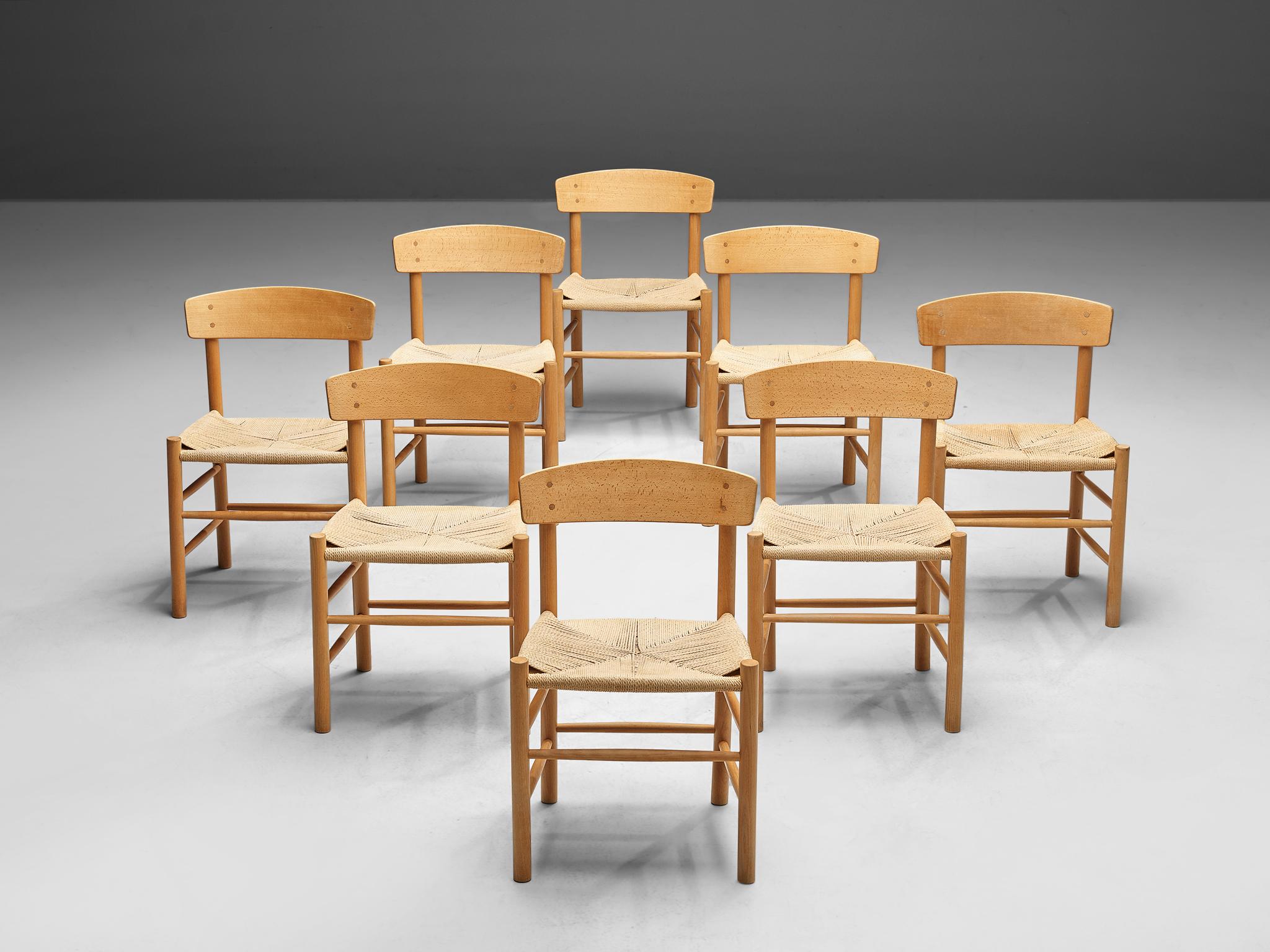 Børge Mogensen or FDB Møbler, set of eight of dining chairs model 'J39', beech, handwoven seagrass, Denmark, design 1947.

The design of Børge Mogensen's J39 design is in many ways aesthetically pleasing. Not only provides the handwoven seagrass a