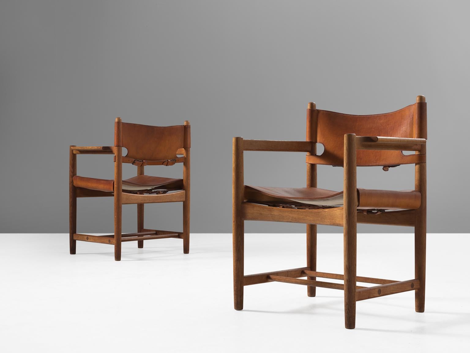 Scandinavian Modern Børge Mogensen Set of Four '3238' Armchairs in Oak and Cognac Leather