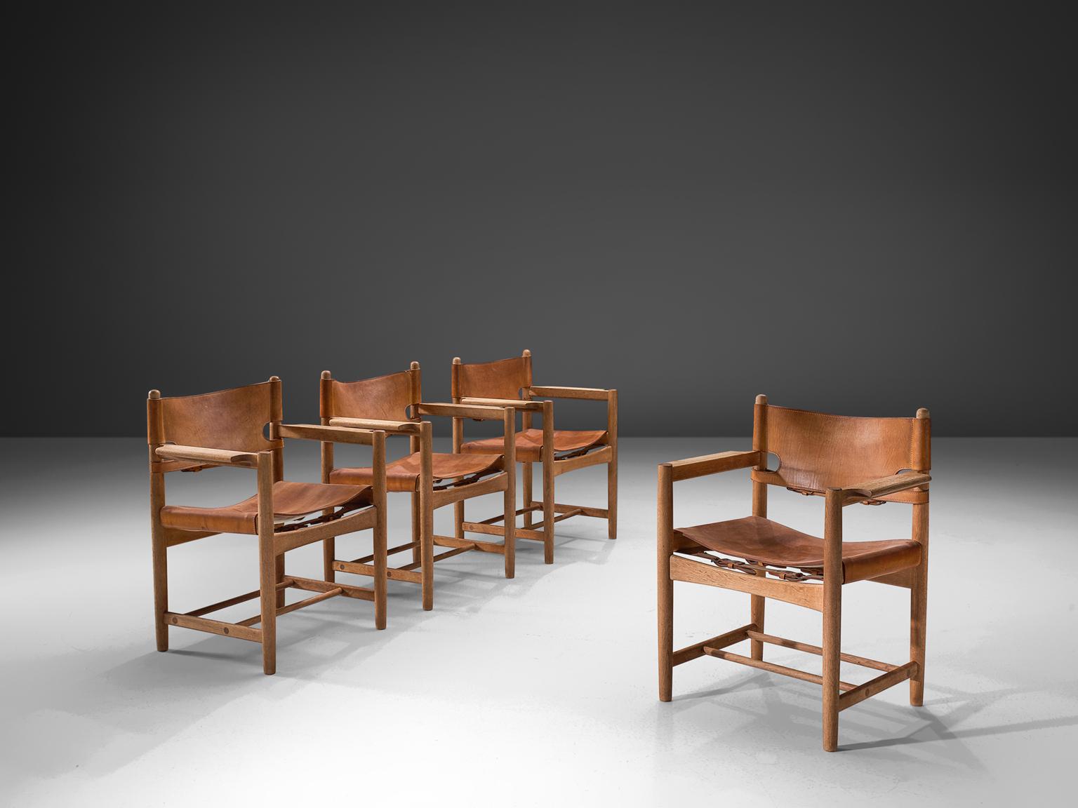 Mid-Century Modern Børge Mogensen Set of Four '3238' Armchairs in Oak and Cognac Leather