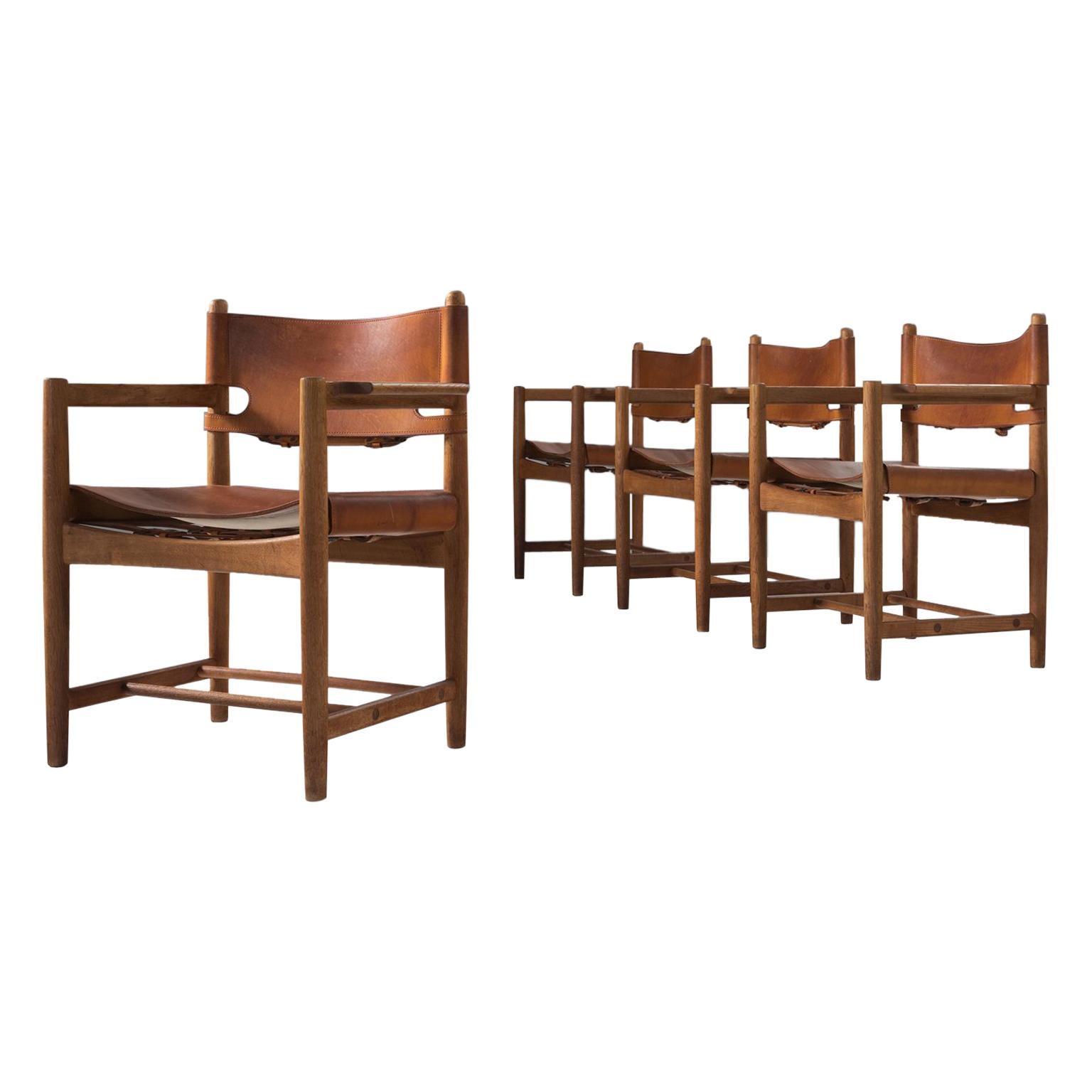 Set aus vier '3238'-Sesseln von Mogensen aus Eiche und cognacfarbenem Leder