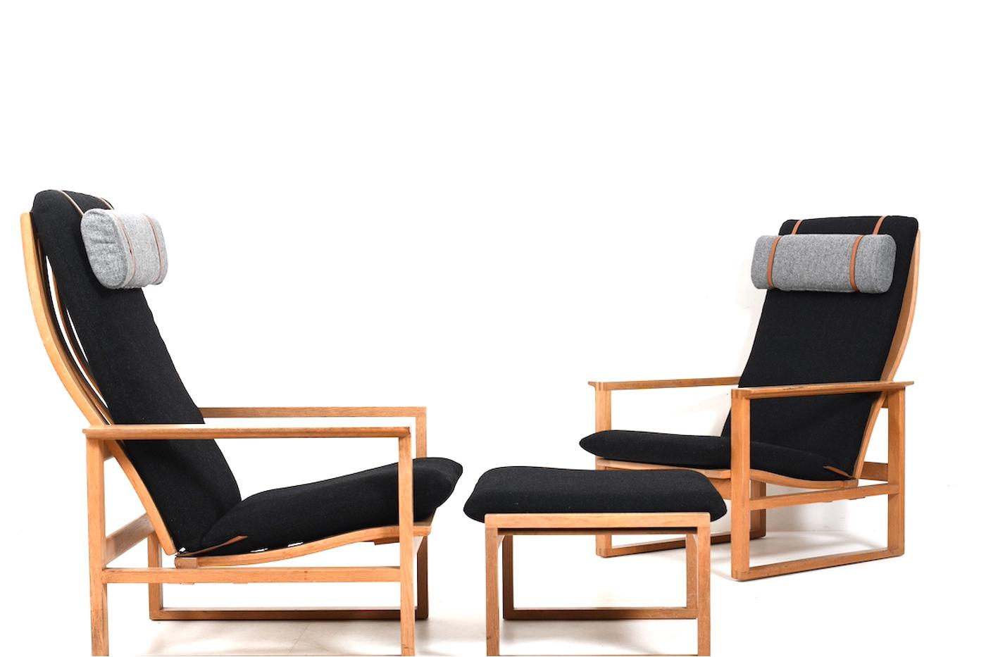 Mid-Century Modern Børge Mogensen Sled Chairs BM-2254 and Stool 1960s For Sale