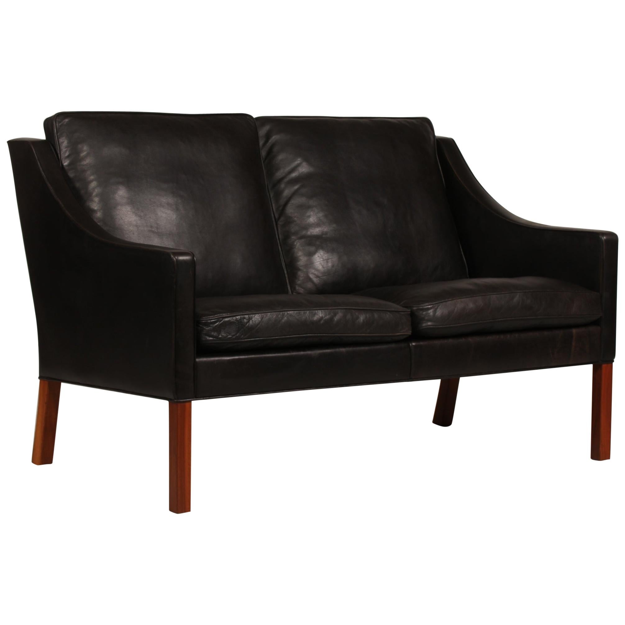 Børge Mogensen Sofa 2208 with Black Leather by Fredericia Furniture, Denmark For Sale