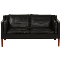 Børge Mogensen Sofa 2212 Black Leather and Walnut by Fredericia Furniture, 1975