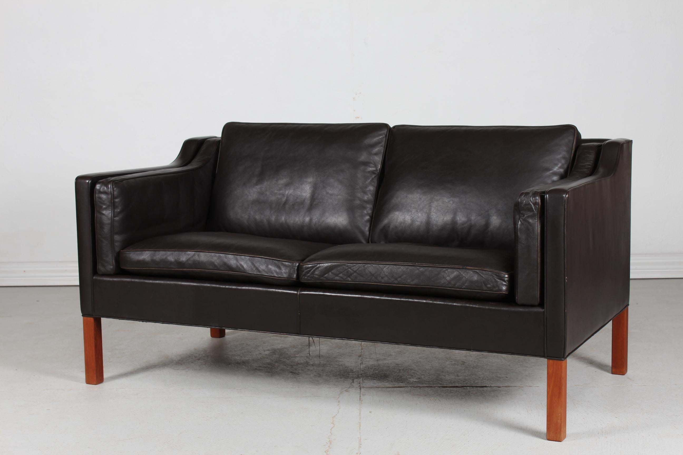 Mid-Century Modern Børge Mogensen Sofa 2212 Dark Mocha Leather by Fredericia Stolefabrik, 1970s For Sale