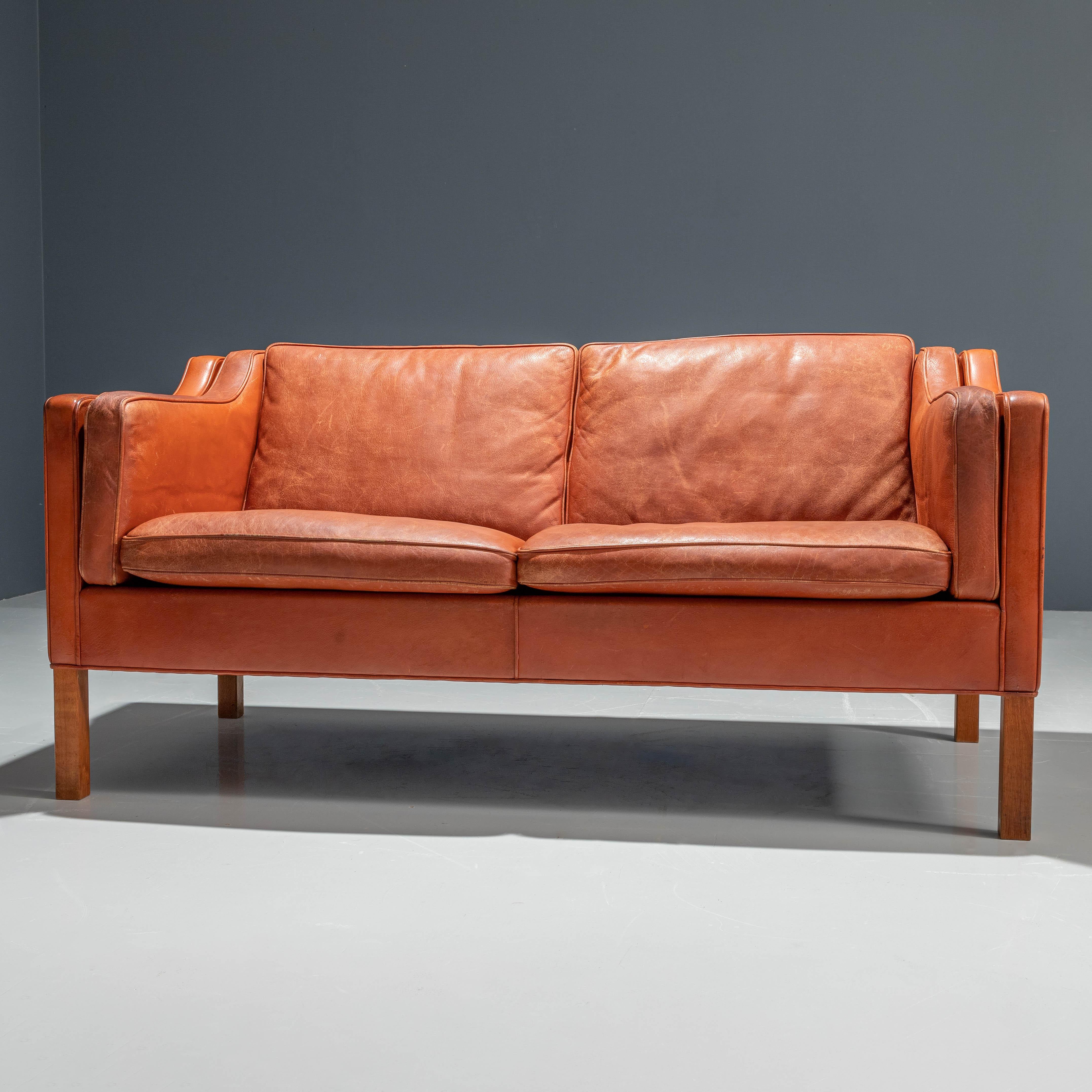 Børge Mogensen Sofa 2212 in Brick-Coloured Brown Leather and Oak, Denmark 1960's 2