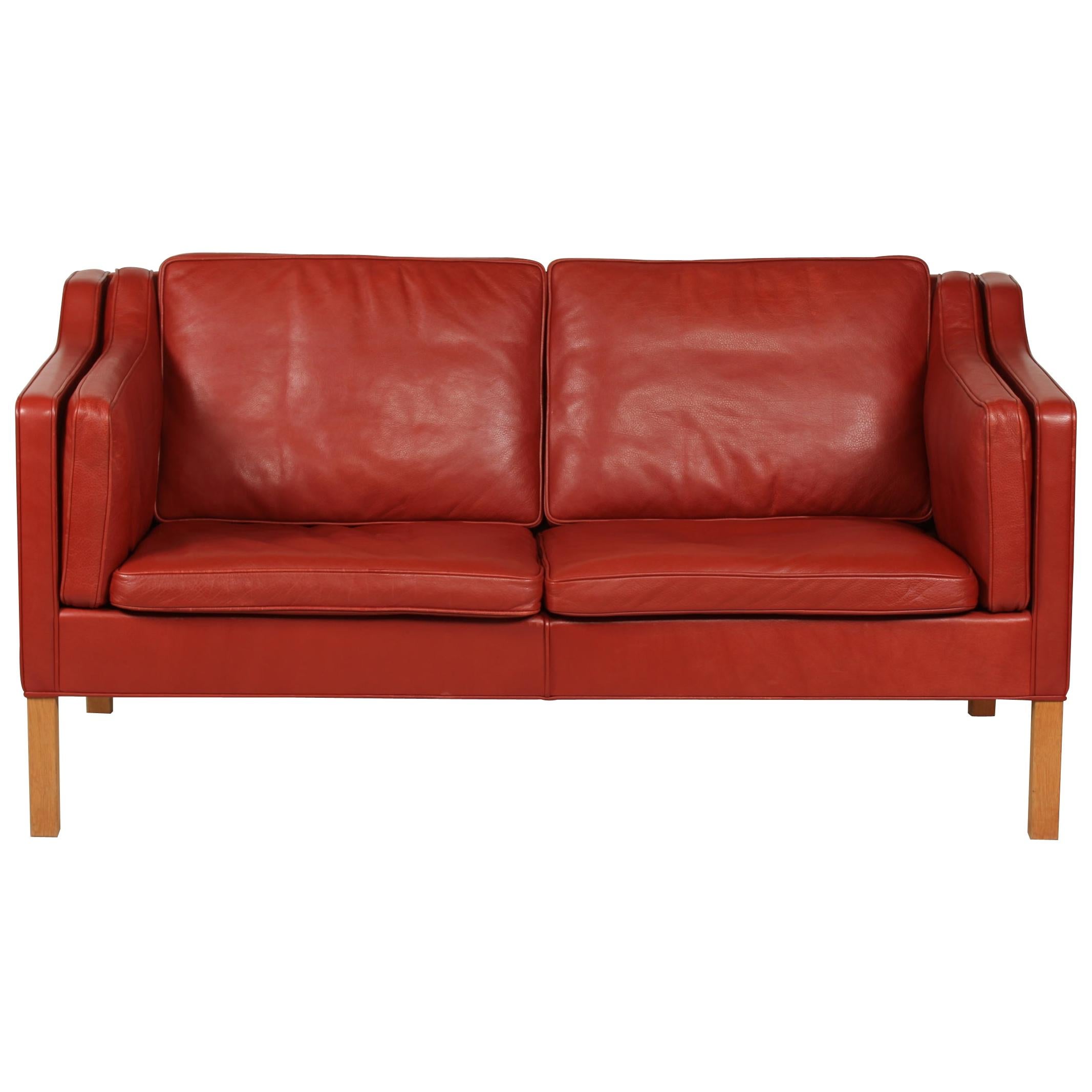 Børge Mogensen Sofa 2212 Red Brown Leather and Oak Fredericia Stolefabrik, 1986