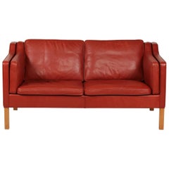 Børge Mogensen Sofa 2212 Red Brown Leather and Oak Fredericia Stolefabrik, 1986