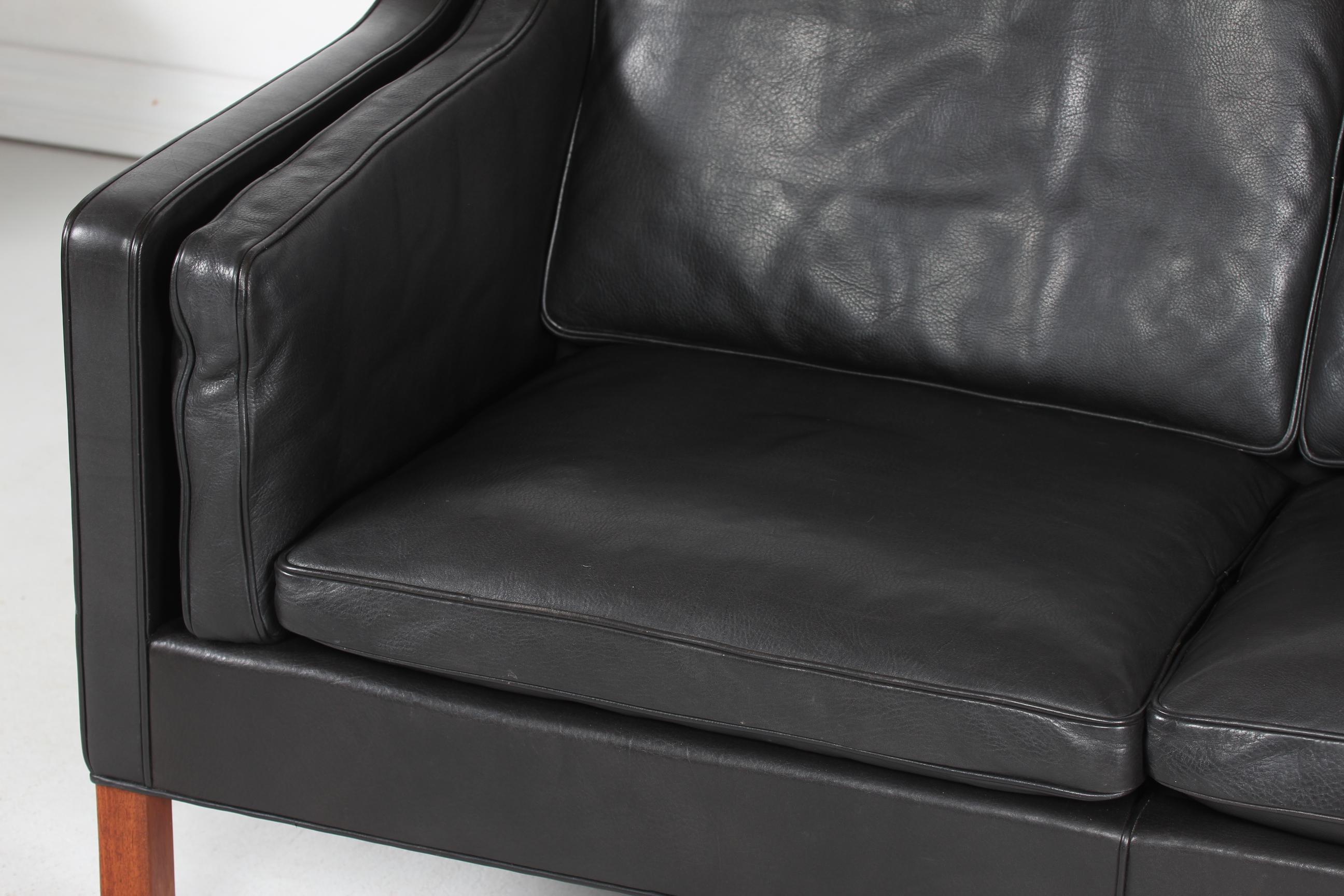 Mid-Century Modern Børge Mogensen Sofa 2212 with Black Leather by Fredericia Stolefabrik, 1981