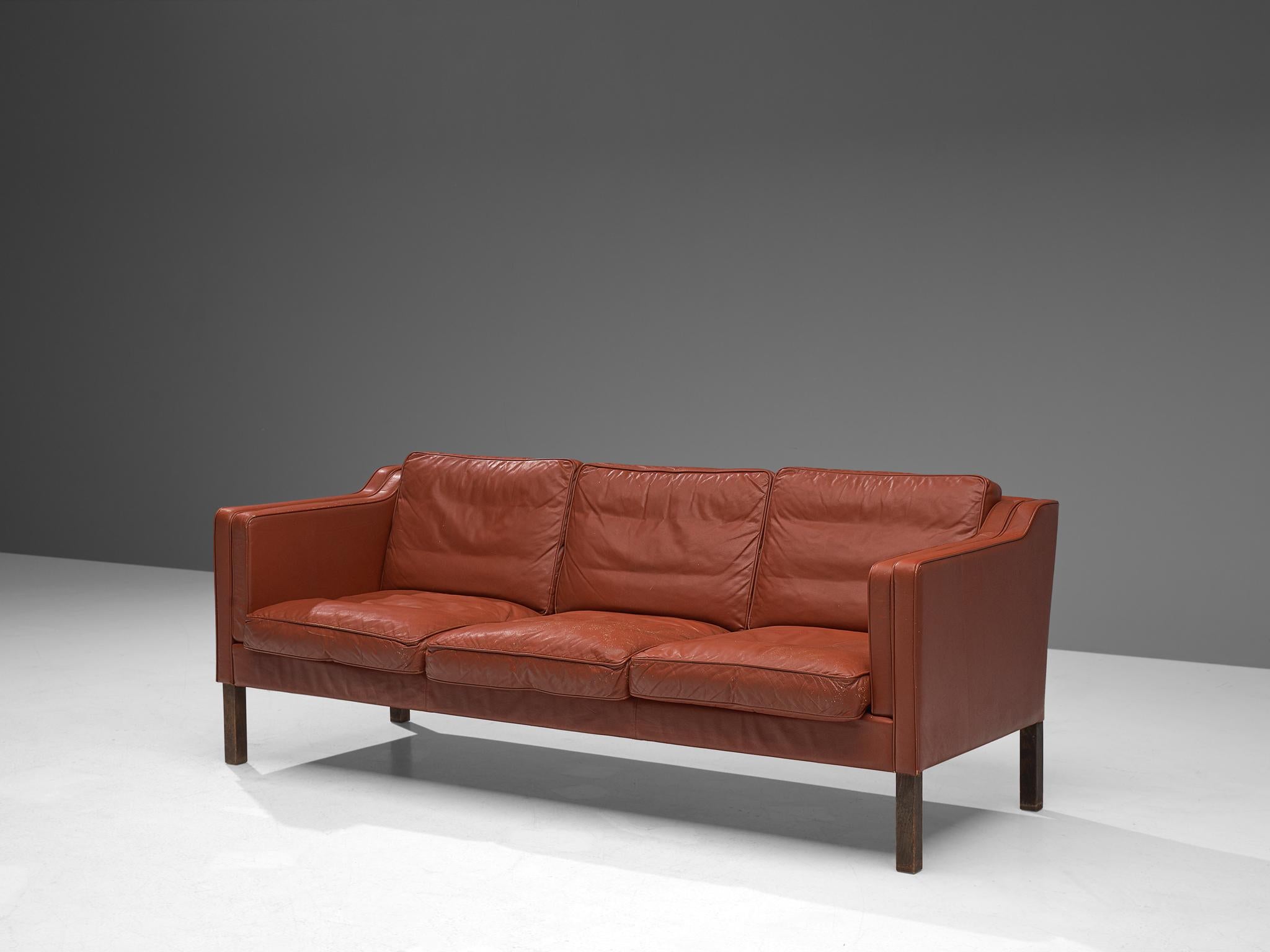 Three-seat sofa, leather and stained oak, Denmark, 1960s

Very well balanced three seater sofa designed in the manner of Børge Mogensen. This model strongly resembles the famous '2213' sofa designed by Mogensen for his own home, in his goal to