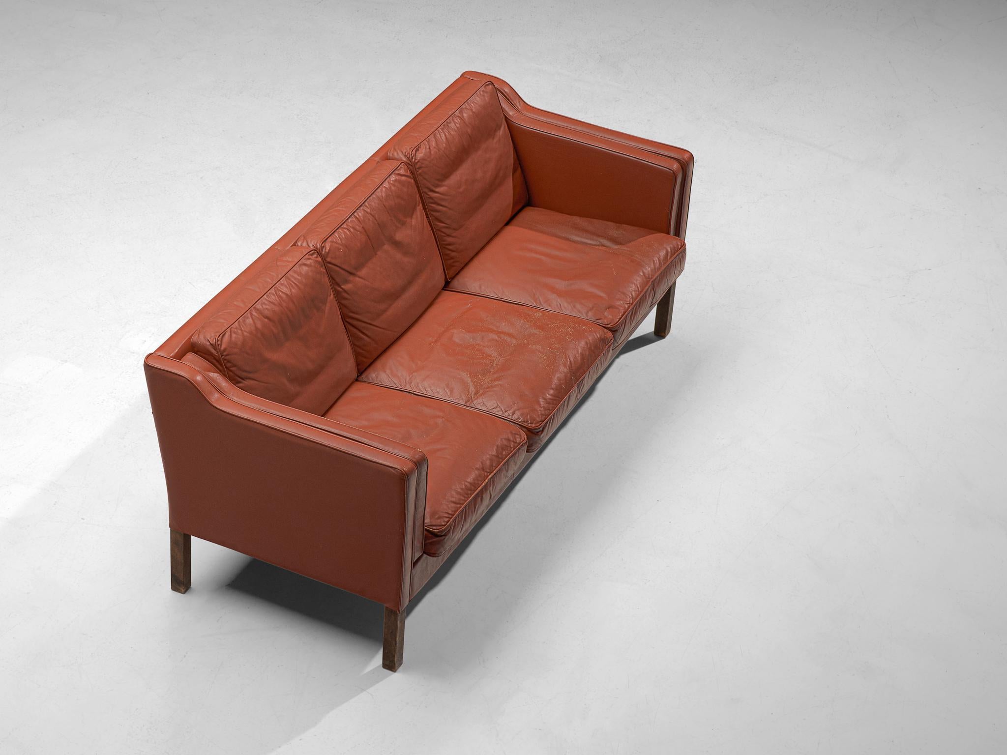 Mid-Century Modern Danish Three-Seater Sofa in Red Leather For Sale