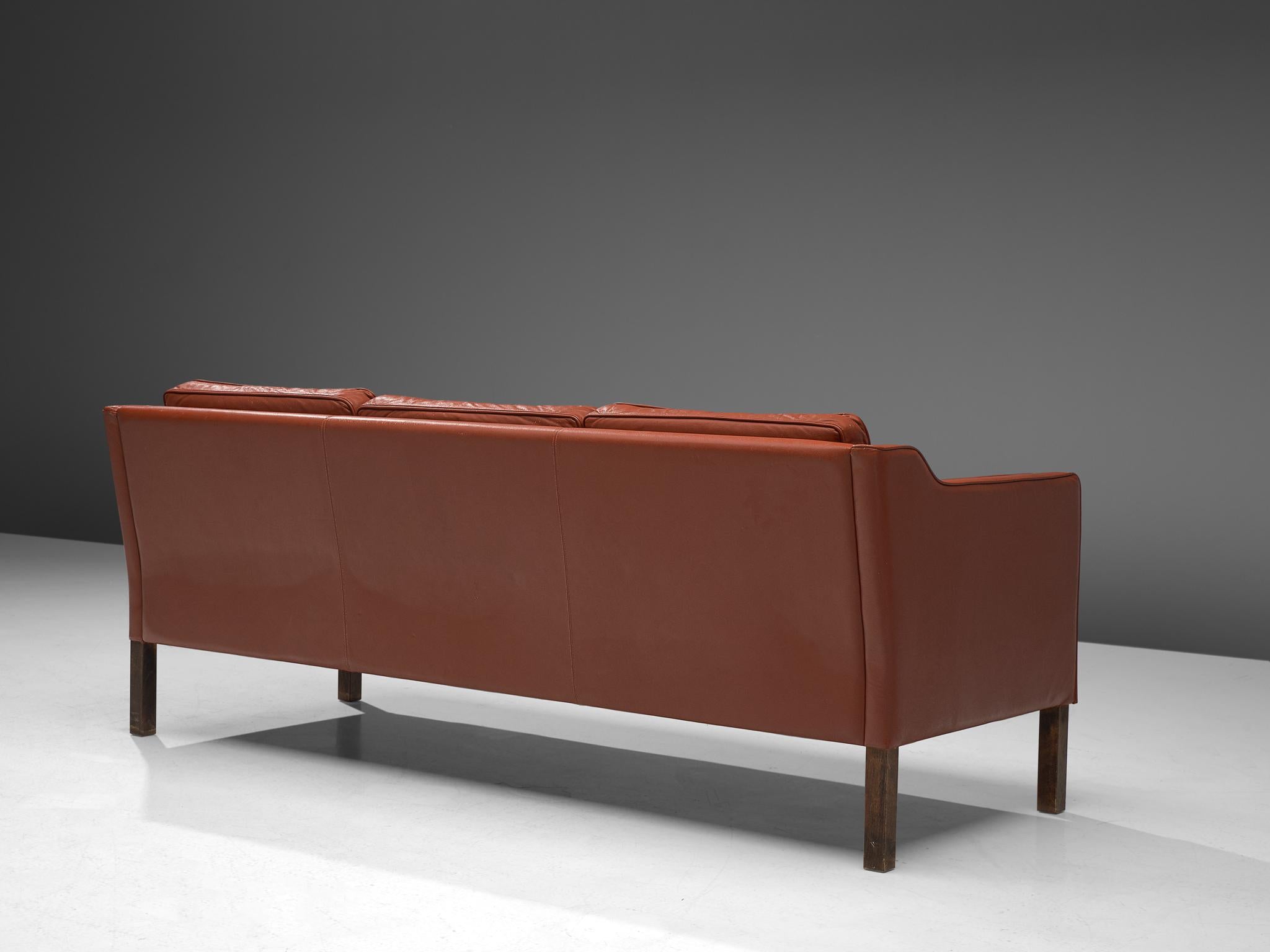 Stained Danish Three-Seater Sofa in Red Leather For Sale
