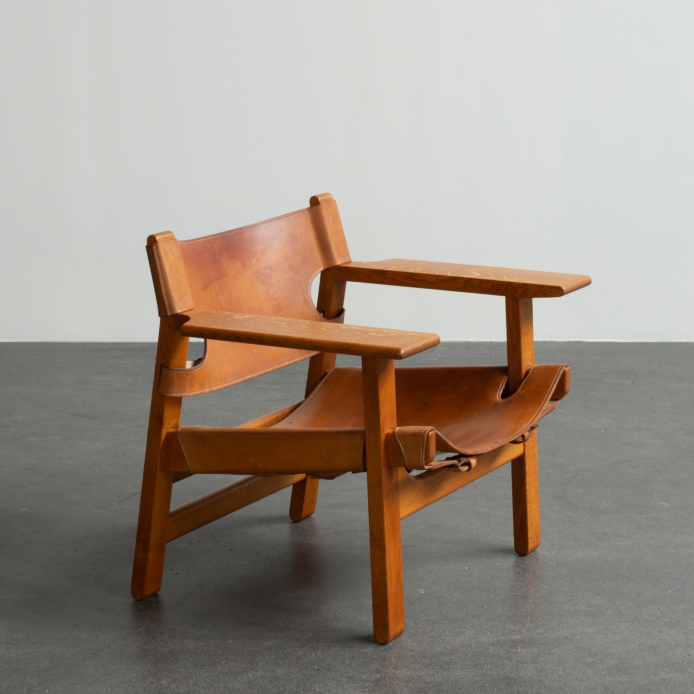 Børge Mogensen Spanish chair in oak and natural tanned leather. Executed by Fredericia Furniture and Dahlman Saddlers, Copenhagen.