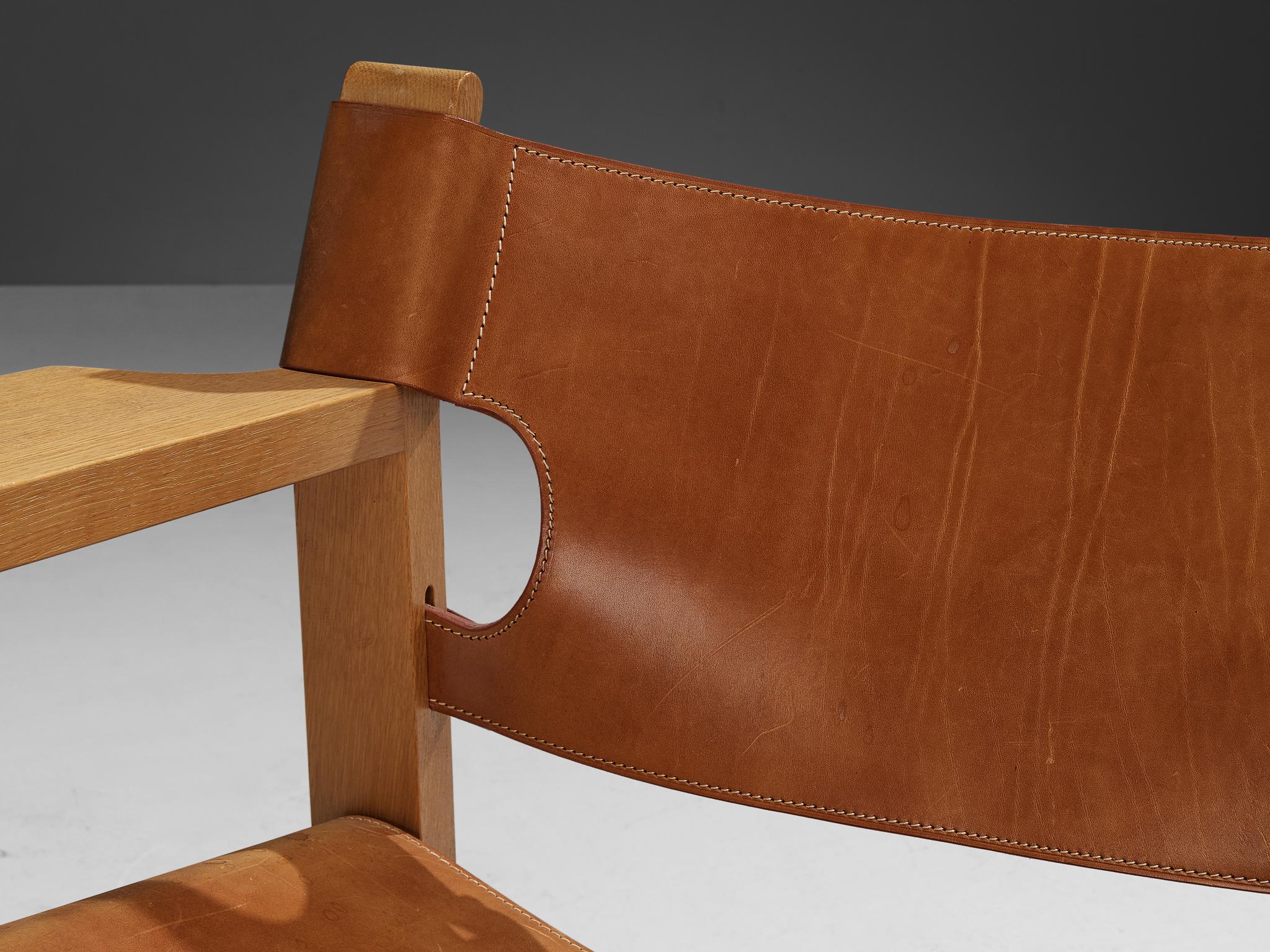 Brass Børge Mogensen 'Spanish Chair' in Oak and Cognac Leather