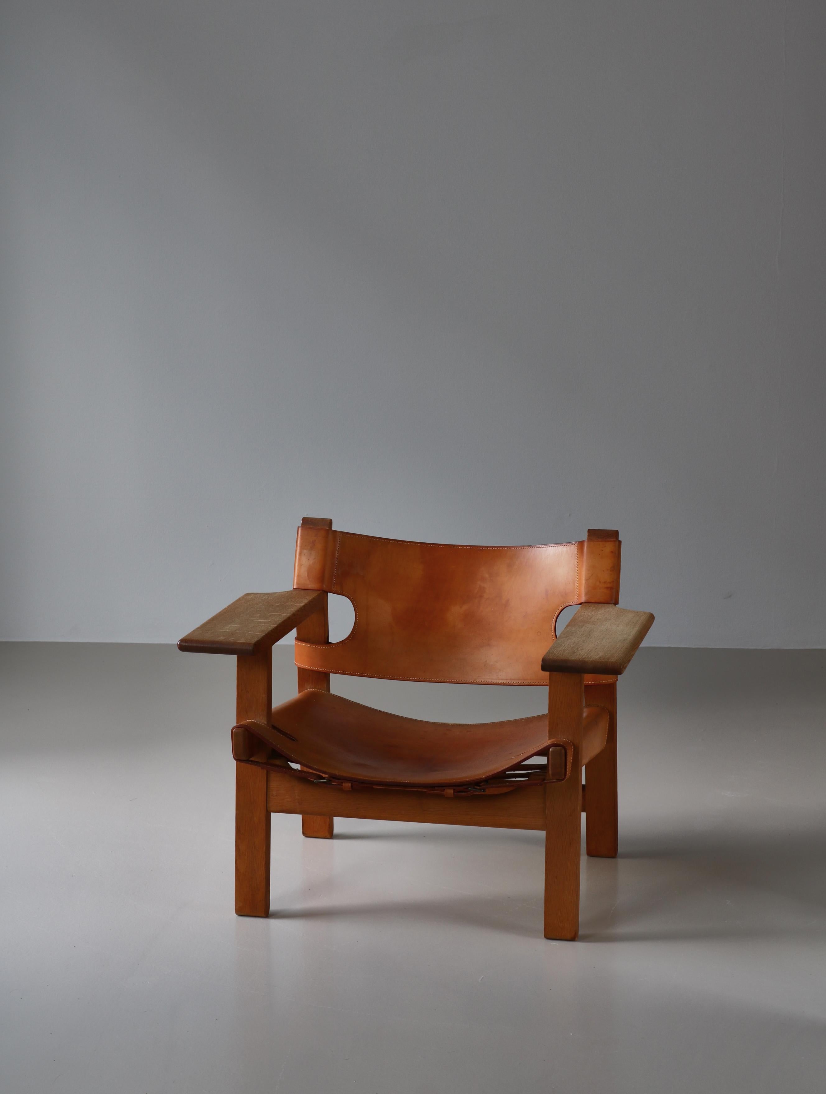 Børge Mogensen  „Spanish Chair“ aus Eiche und Sattelleder, dänische Moderne, 1950er Jahre im Angebot 4