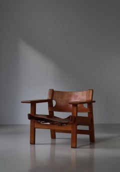 Børge Mogensen  „Spanish Chair“ aus Eiche und Sattelleder, dänische Moderne, 1950er Jahre