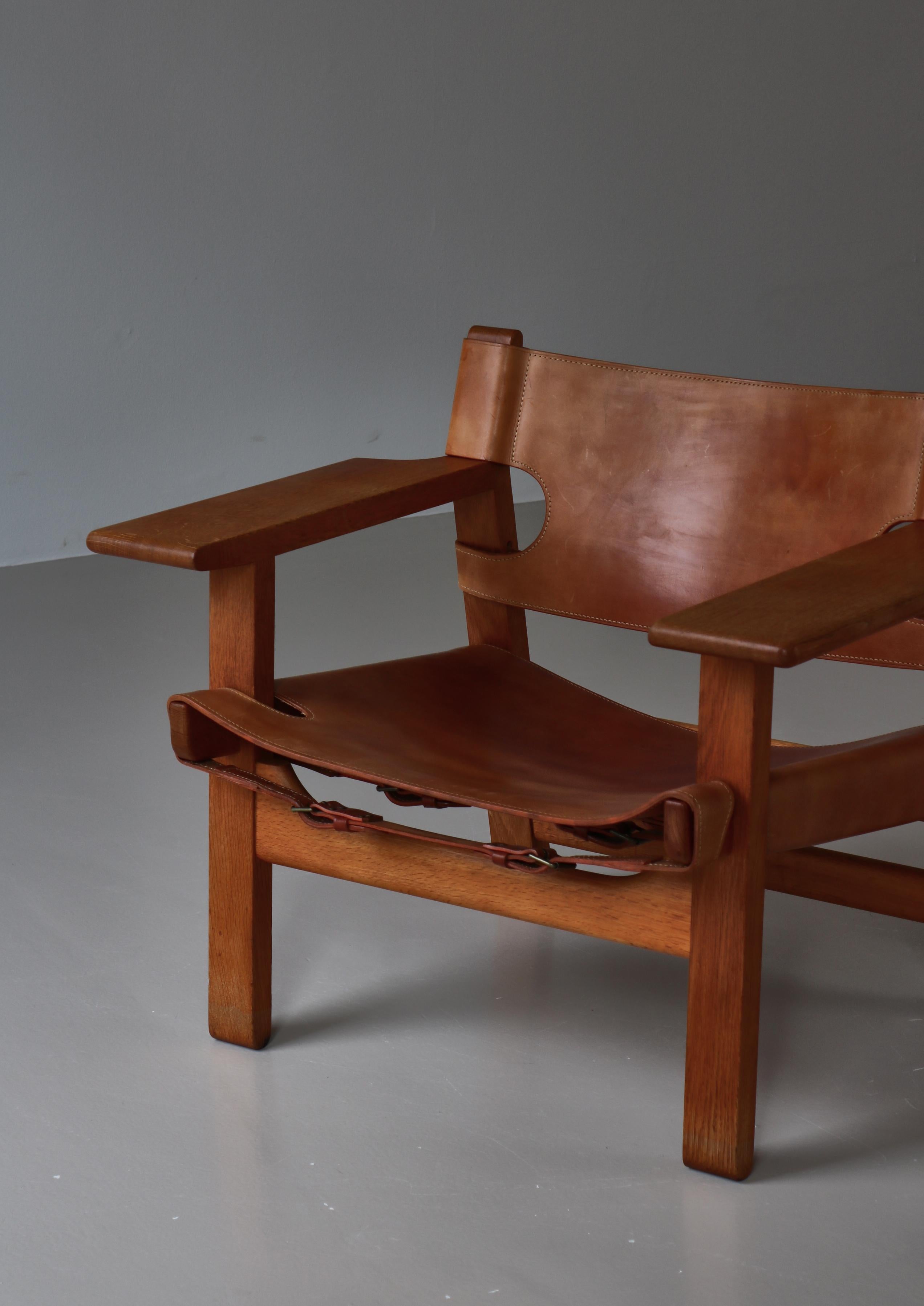 Børge Mogensen  „Spanish Chair“ aus Eiche und Sattelleder, dänische Moderne, 1950er Jahre (Dänisch) im Angebot