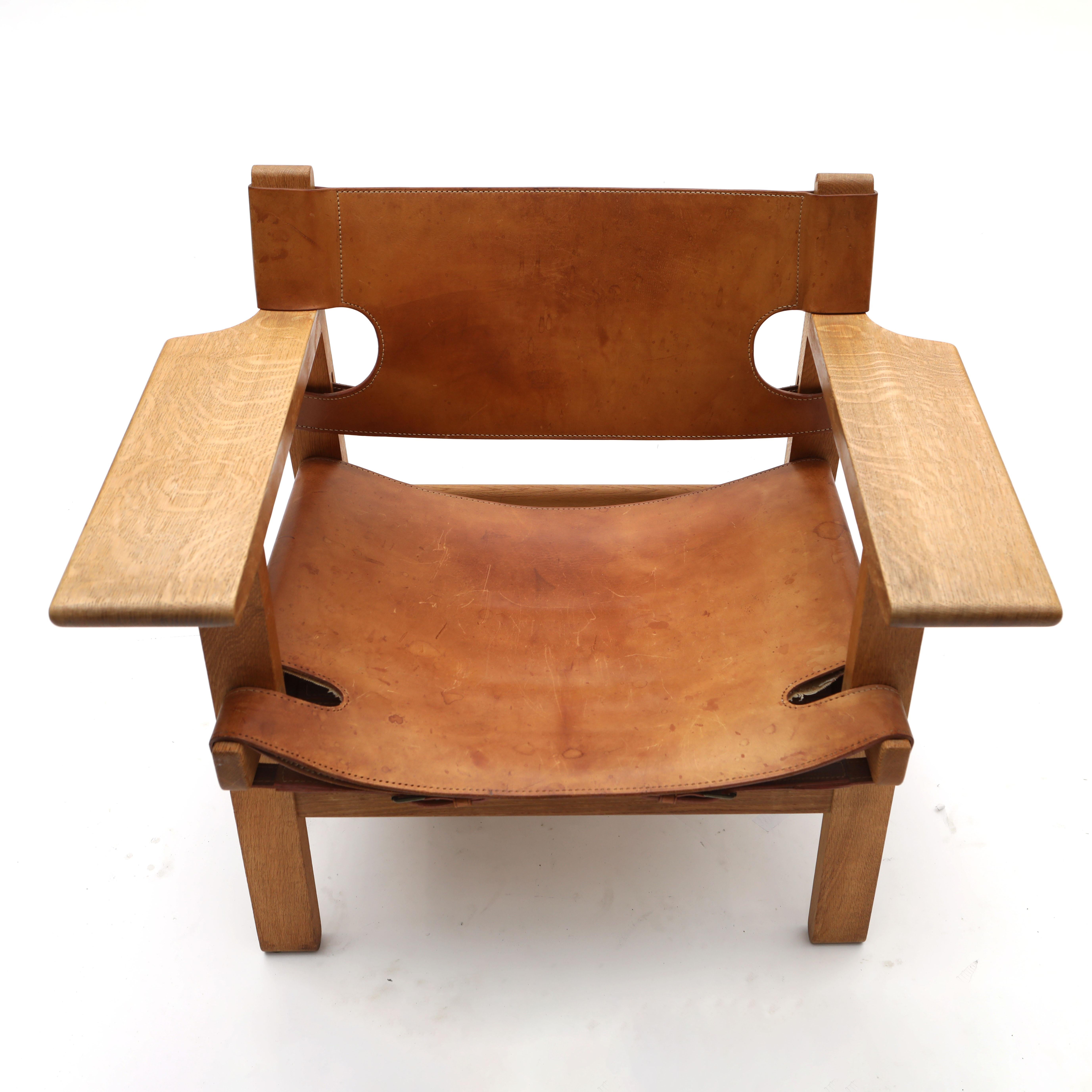 Modern Børge Mogensen 'Spanish Chair' in Solid Oak and Saddle Leather, Early Model For Sale