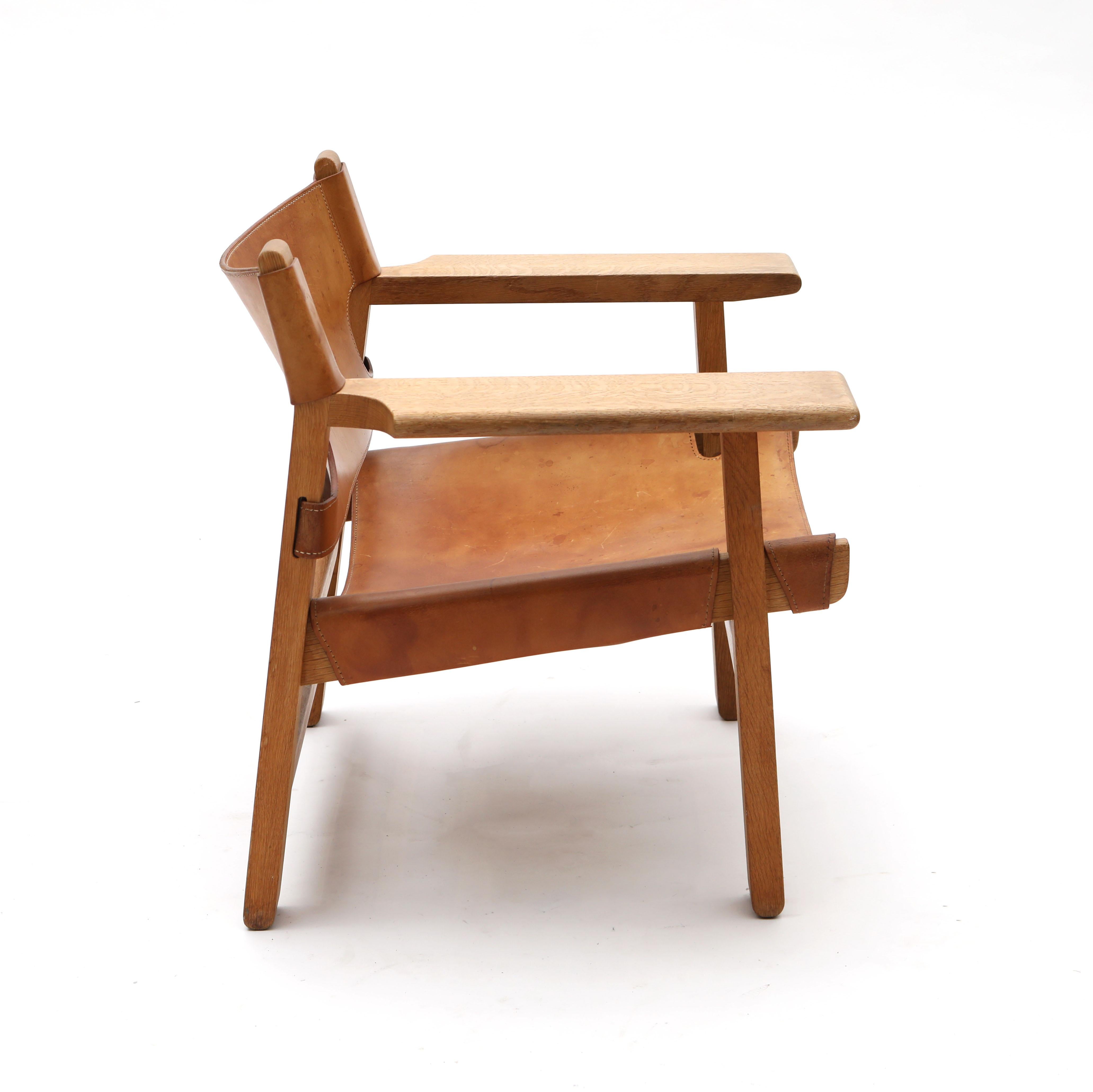 Danish Børge Mogensen 'Spanish Chair' in Solid Oak and Saddle Leather, Early Model For Sale