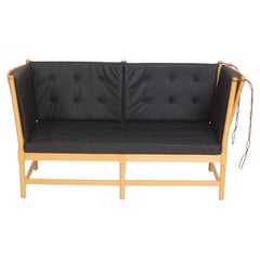 Vintage Børge Mogensen Spoke-Back Sofa with Black Bison Leather Cushions