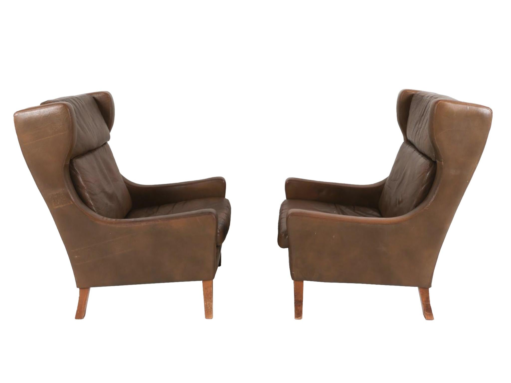 Scandinavian Modern Børge Mogensen Style Leather Armchairs with Ottomans - a Pair For Sale