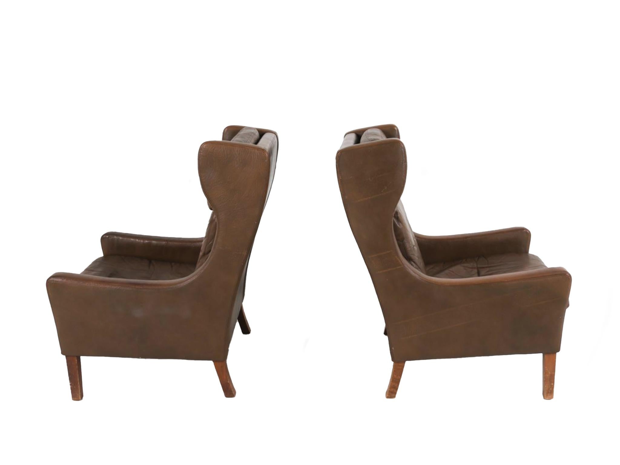 Danish Børge Mogensen Style Leather Armchairs with Ottomans - a Pair For Sale