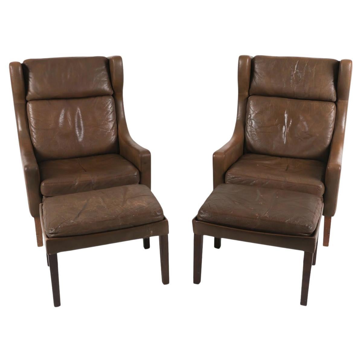 Børge Mogensen Style Leather Armchairs with Ottomans - a Pair