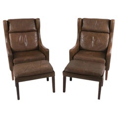 Pareja de sillones de piel con otomana estilo Børge Mogensen