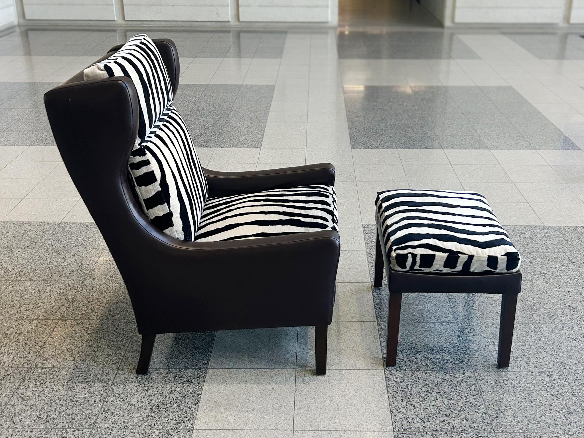 Børge Mogensen Style Leather Wingback & Ottoman For Sale 1