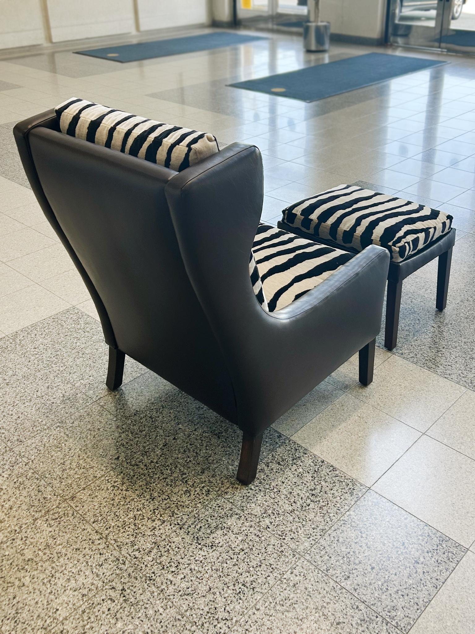 Børge Mogensen Style Leather Wingback & Ottoman For Sale 2