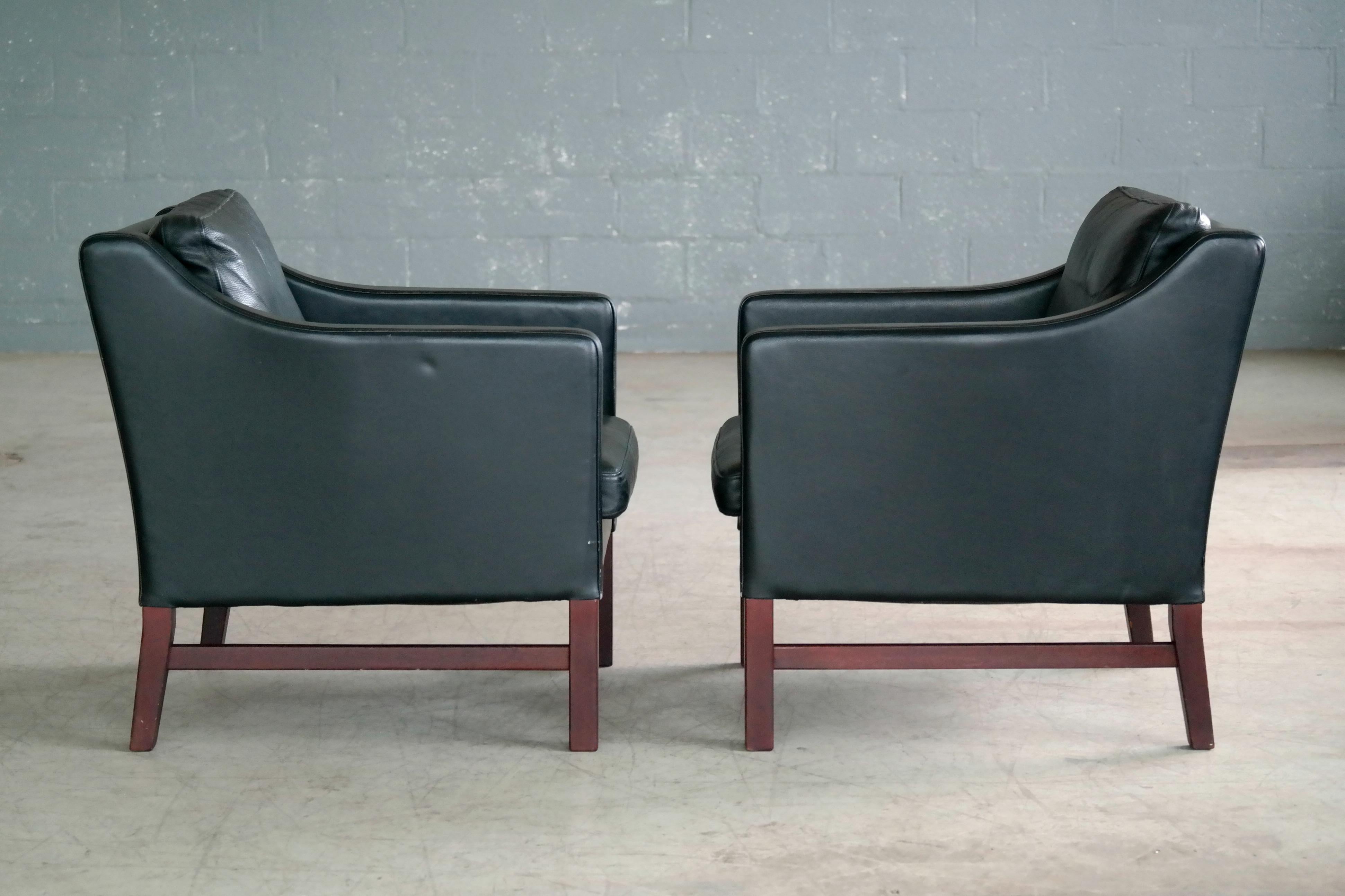 Mid-Century Modern Børge Mogensen Style Pair Danish Black Leather Lounge Chairs by Takashi Okamura