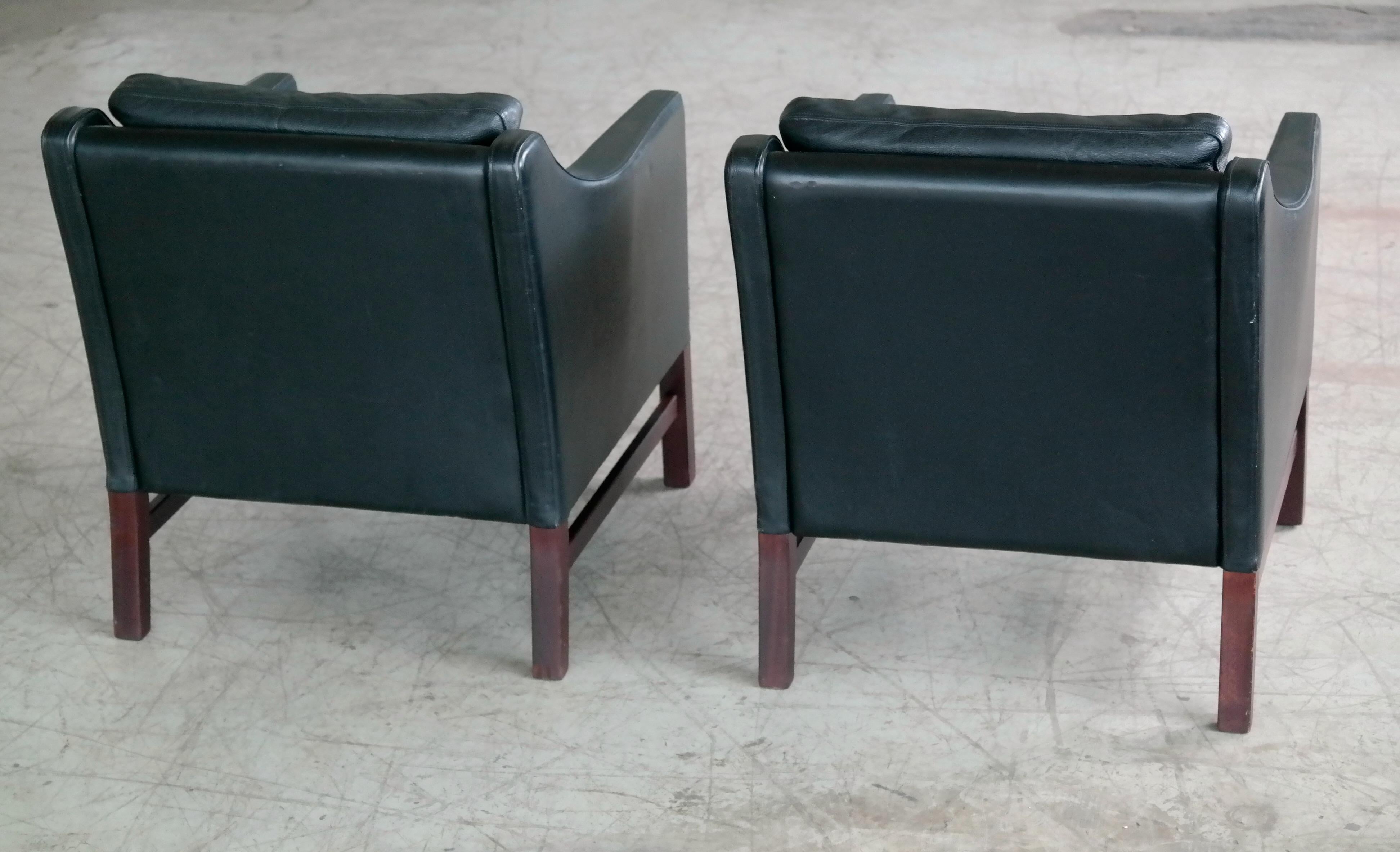 Late 20th Century Børge Mogensen Style Pair Danish Black Leather Lounge Chairs by Takashi Okamura