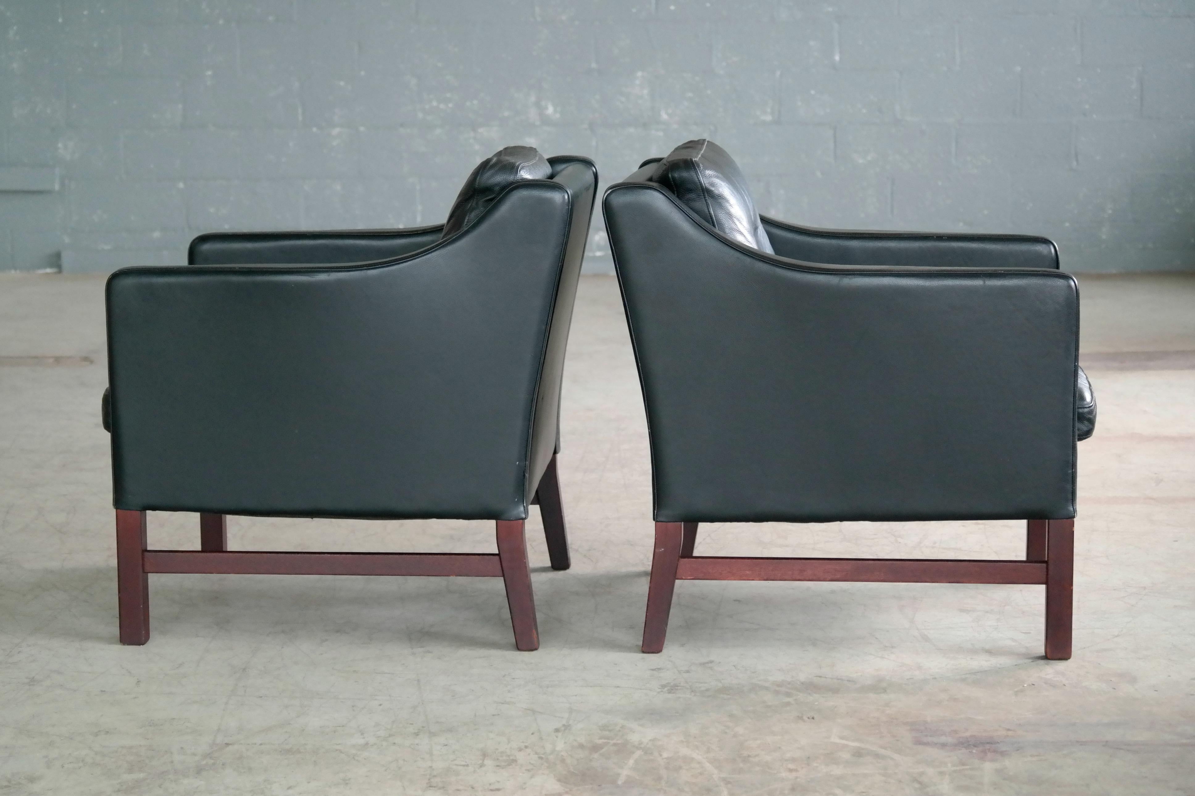 Beech Børge Mogensen Style Pair Danish Black Leather Lounge Chairs by Takashi Okamura